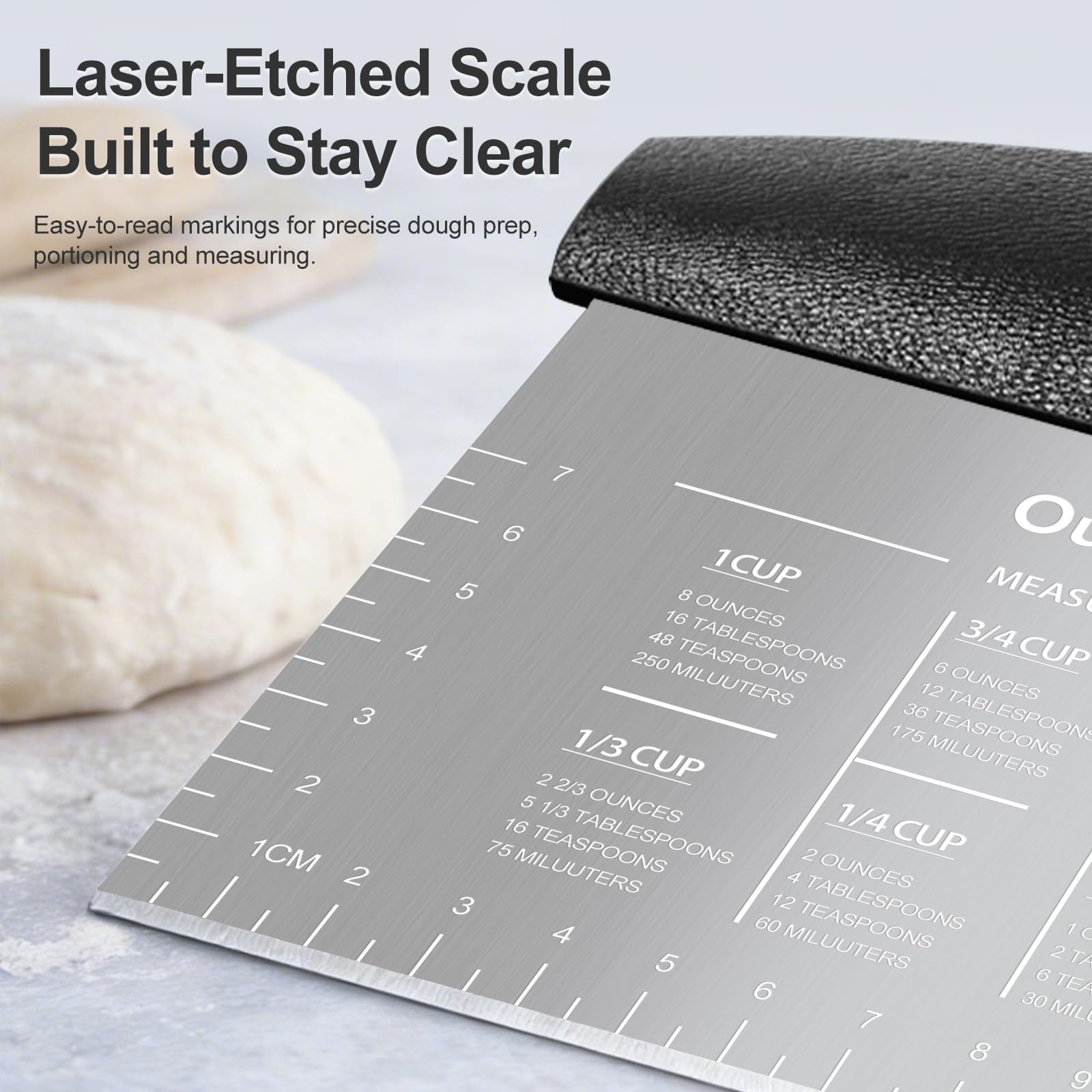 Ourokhome Paquete de 2 raspadores de masa de banco, raspador de masa de acero inoxidable con escala grabada con láser, tabla de conversión, mango antideslizante, apto para lavavajillas para pan y