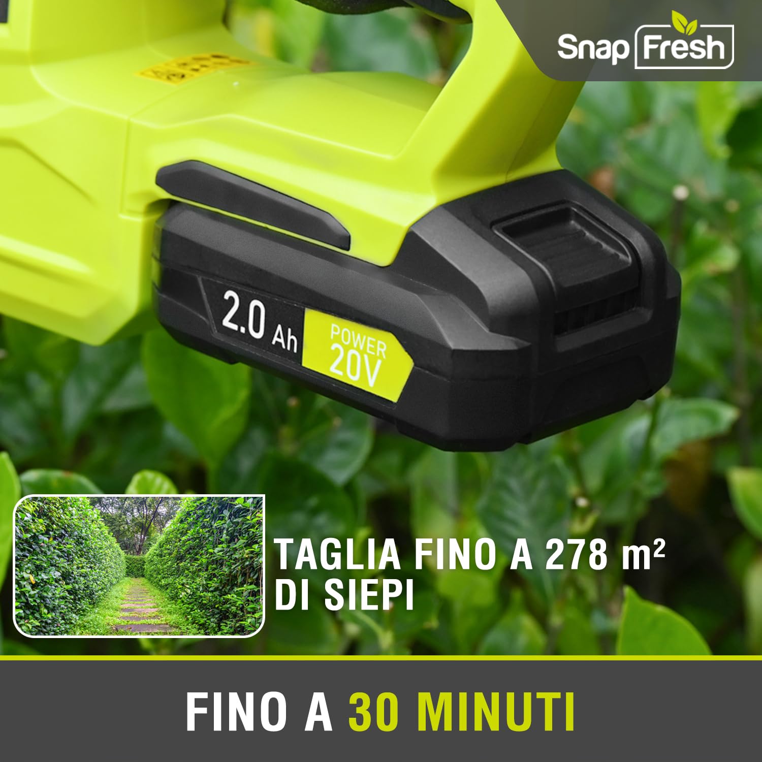SnapFresh Tagliasiepi a Batteria 20V, Leggero 2,15 kg, 55 cm Lunghezza di Taglio, Distanza Denti 14 mm, 2800 SPM, Tagliasiepi Elettrico per Giardino, Siepi, Arbusti e Cespugli