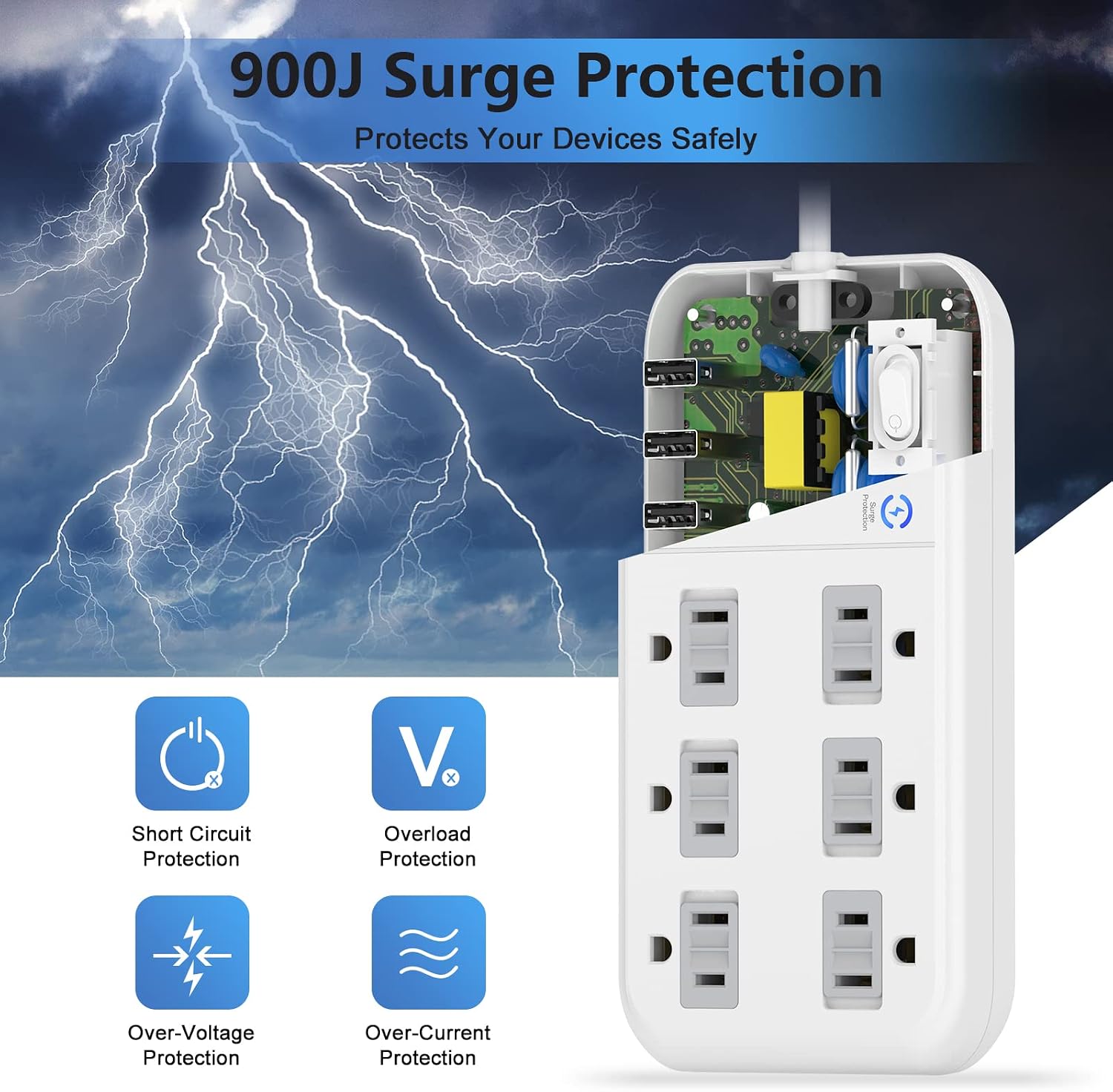AUOPLUS Surge Protector Power Strip - 6 Outlets with 3 USB Ports, 5FT Extension Cord, Power Strips Flat Plug Slide-to-Close Outlets Cover with Overload Protection for Home, Office, Travel