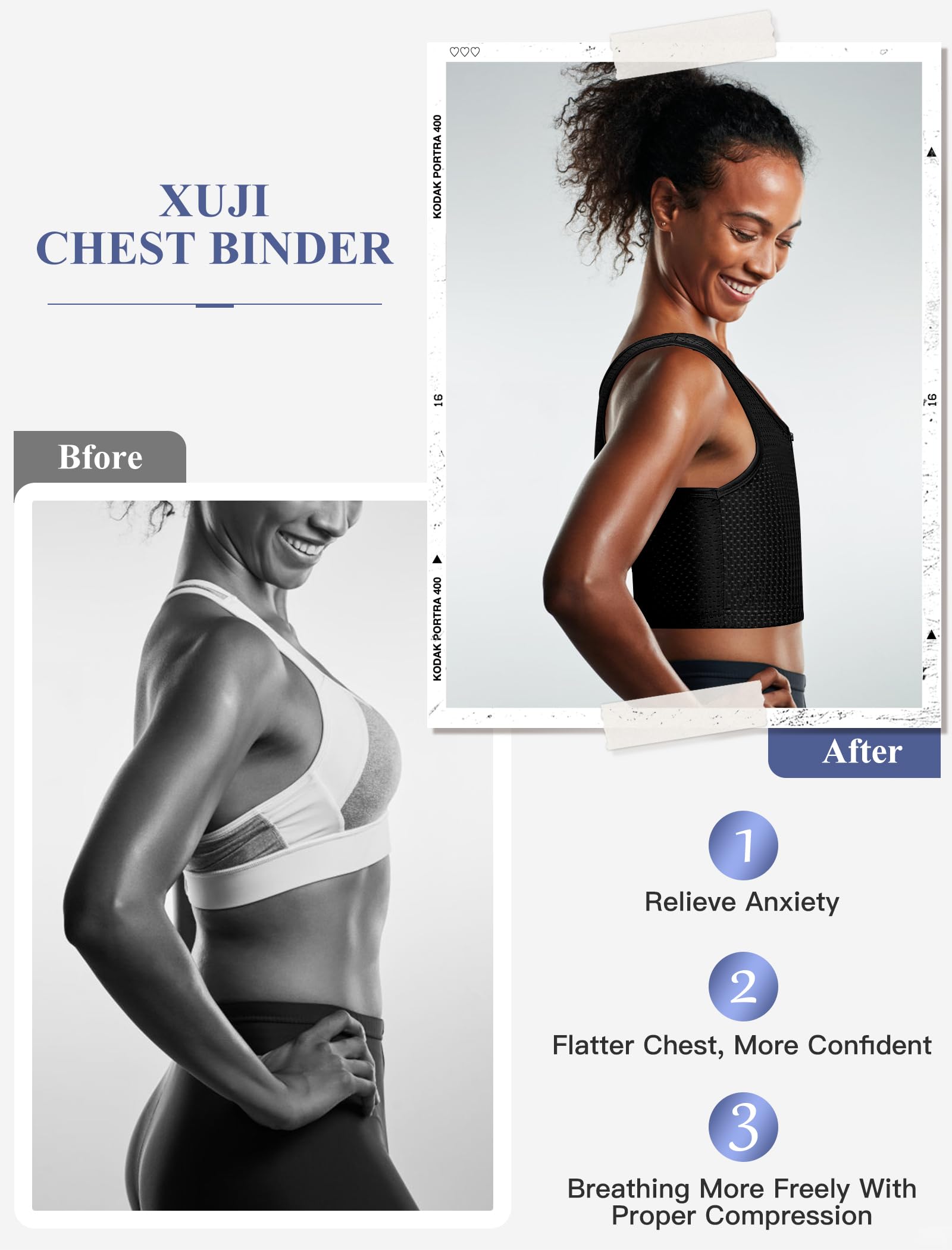 XUJI Binder Traspirante con Cerniera per Compressione - Reggiseno Compressivo per Transgender, FTM, Tomboy e Cosplay (B, 3XL)