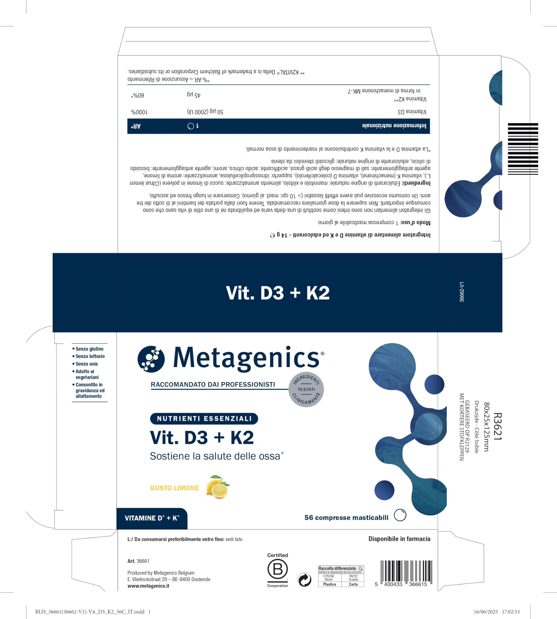 Metagenics Vitamina D3 + K2 - Sostiene la Salute delle Ossa - 56 Compresse Masticabili - Gusto Limone