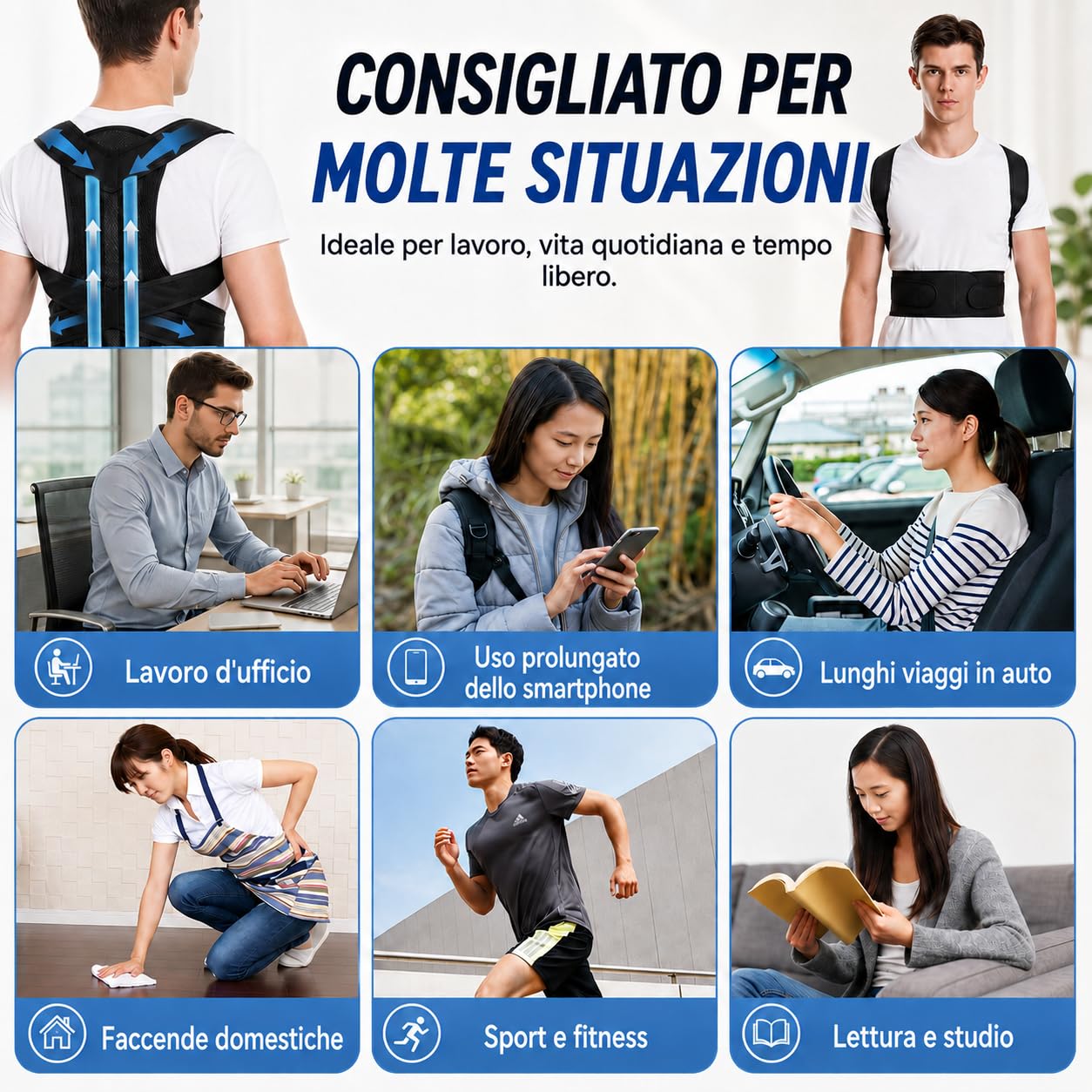Correttore posturale per uomini e donne, regolabile e confortevole, con forti barre di sostegno, sollievo dal mal di schiena, supporto per collo e spalle