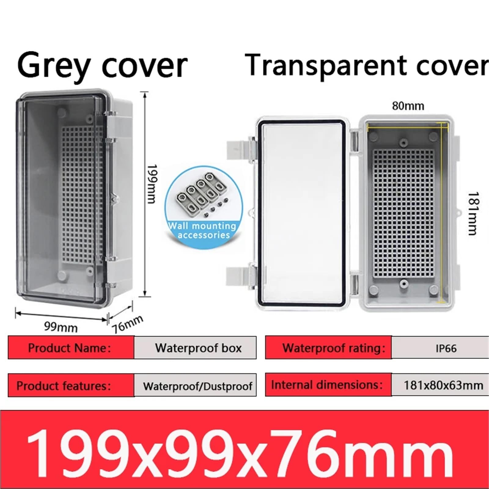 IP66 plastikowa skrzynka rozdzielcza, zewnętrzna wodoodporna puszka przyłączeniowa, przemysłowa skrzynka przyłączeniowa, inżynieria zewnętrzna skrzynka kontrolna (199x99x75mm, szara osłona)