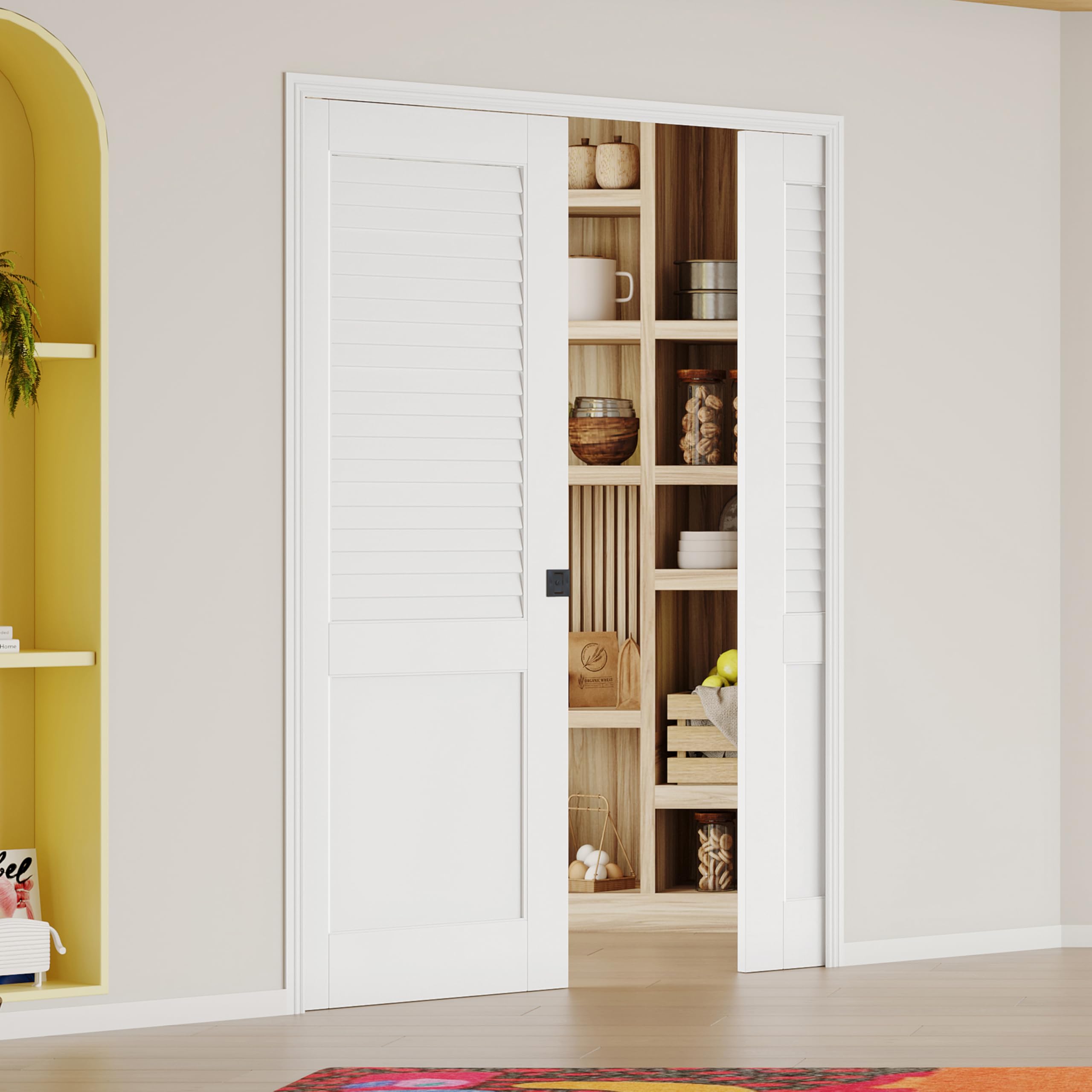 Sliding Pocket Door, 48" x 80", Half-Panel Louvered Pantry Doors with Frame and Hardware Kit, Interior Door, White Primer Closet Doors - No Panel Assembly Required