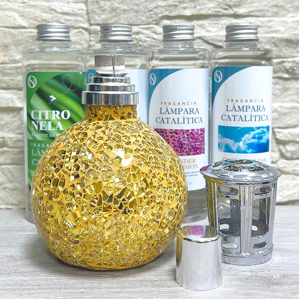 Pack Ahorro Lámpara Catalítica Mosaico Dorado + Fragancia Aroma Lavender 500ml. Elimina malos olores e impurezas, perfuma y limpia.