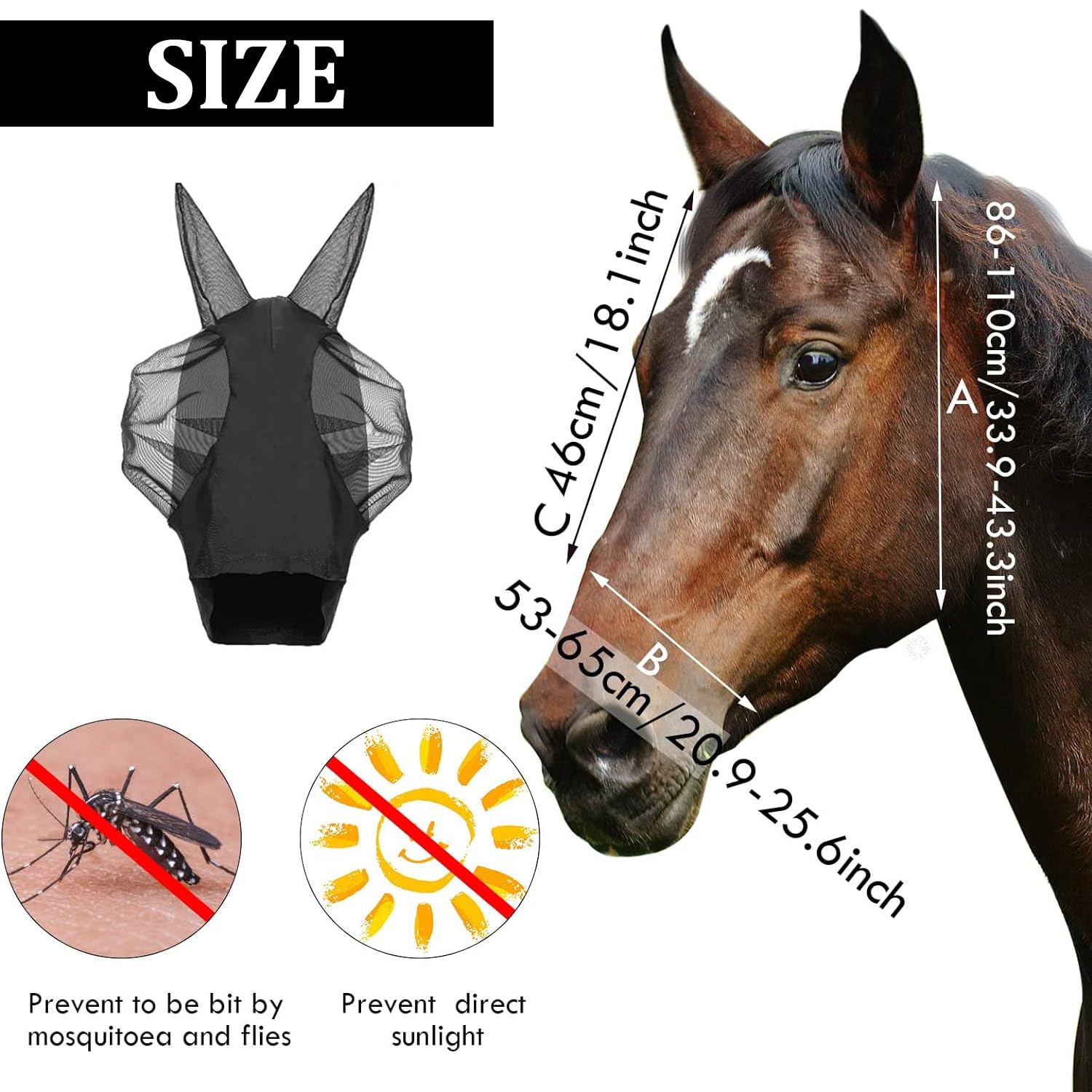 Máscara Anti-Moscas Protección con Orejas, Elasticidad Máscara de Mosca, Máscara Anti Moscas para Caballo, Excelente Comodidad con Protección UV, Máscara Estándar para Caballos