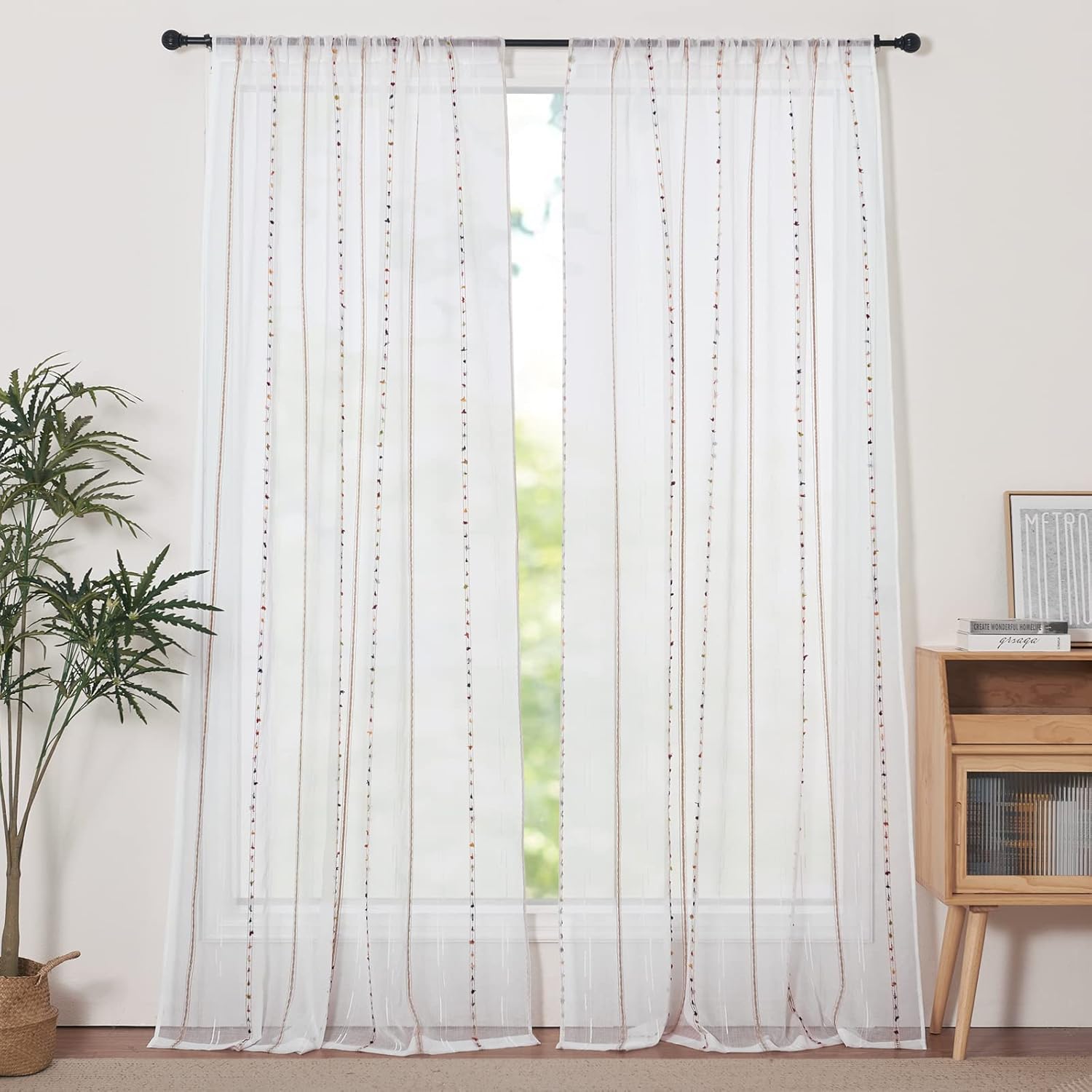 pureaqu Faux Linen Pom Pom Sheer Curtain for Bedroom/Kids Room Embroidered Colorful Rainbow Semi Sheer Voile Window Curtain for Living Room Rod Pocket Curtain Tulle W114 x L84 Inch 1 Panel