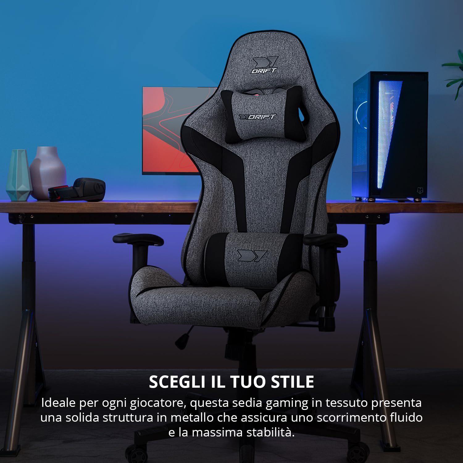 DRIFT GAMING DR90 – Sedia gaming ergonomica con poggiatesta e supporto lombare, schienale reclinabile a 135°, braccioli 2D regolabili, tessuto traspirante, base in nylon e pistone a gas, Grigio-Nero