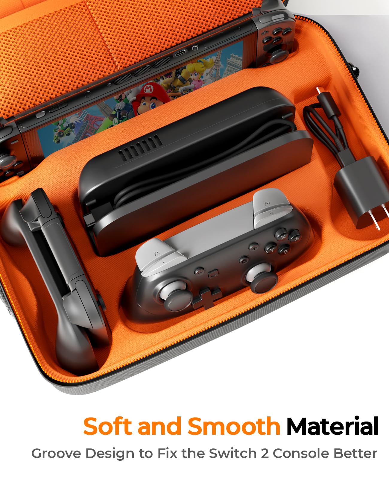 COOWPS Switch 2 Étui pour Nintendo Switch 2, Étui Rigide de Protection Totale, Capacité de 20 Cartes de Jeu, Housse de Transport Antipoussière pour Accessoires Switch 2, Noir Orange