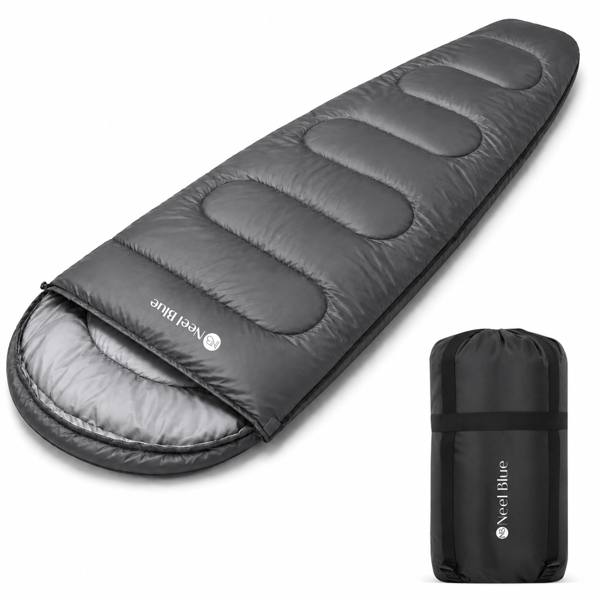 Trimming Shop Grey Mummy Sleeping Bag for 6ft Adults, 3-4 Season Camping Sleeping Bag with Hood, Waterproof, Lightweight, Warm, Washable, Outdoor Sleep Bag for Hiking, Travel Camping Accessories