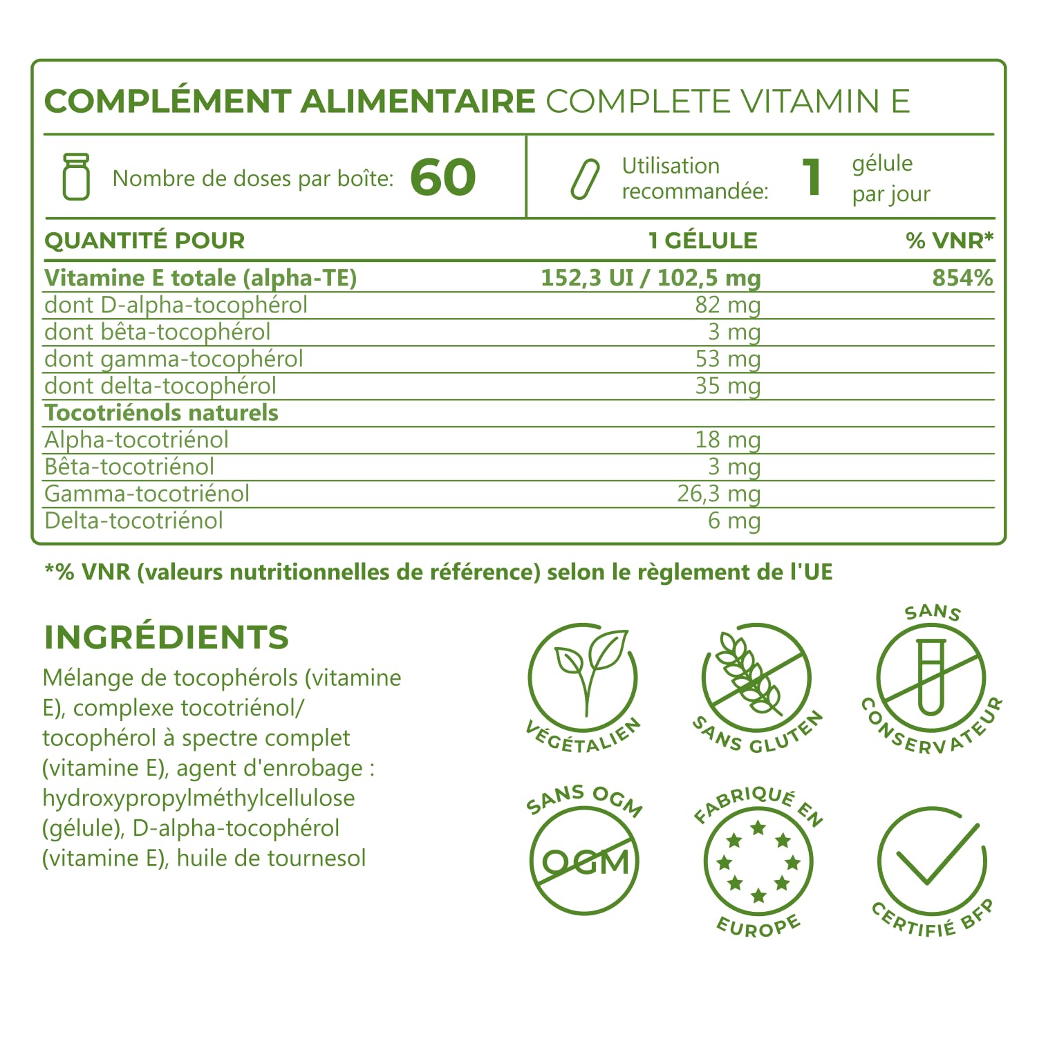 Vitamine E Capsule Naturelle. Gélules avec D-alpha-tocophérol et tocotriénol naturels hautement absorbés. Puissant Antioxydant, antirides, système immunitaire. Vitality Nutritionals by VitaminExpress.
