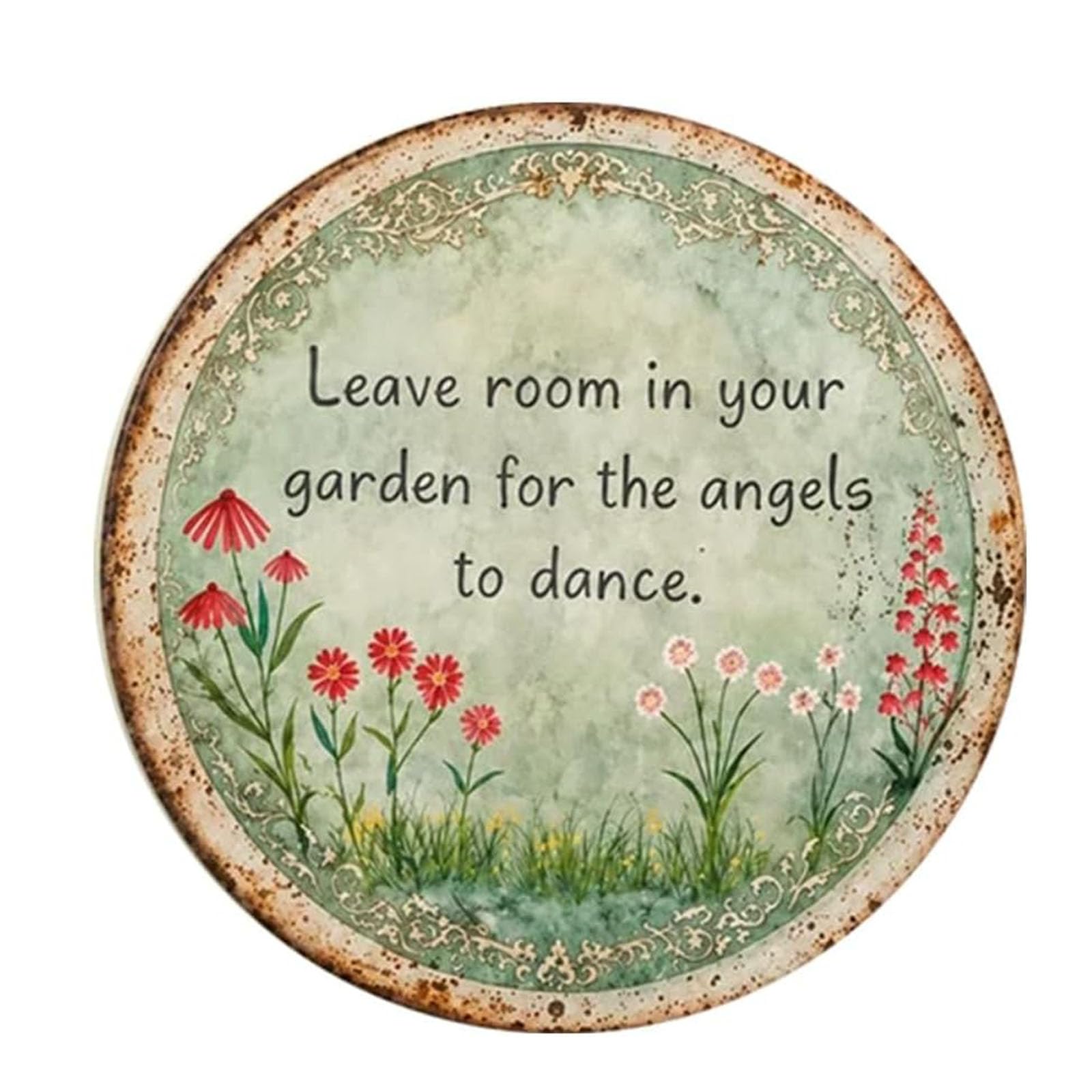 Angel Dance Round Sign, Vintage Floral Garden Wall Decor (16in)