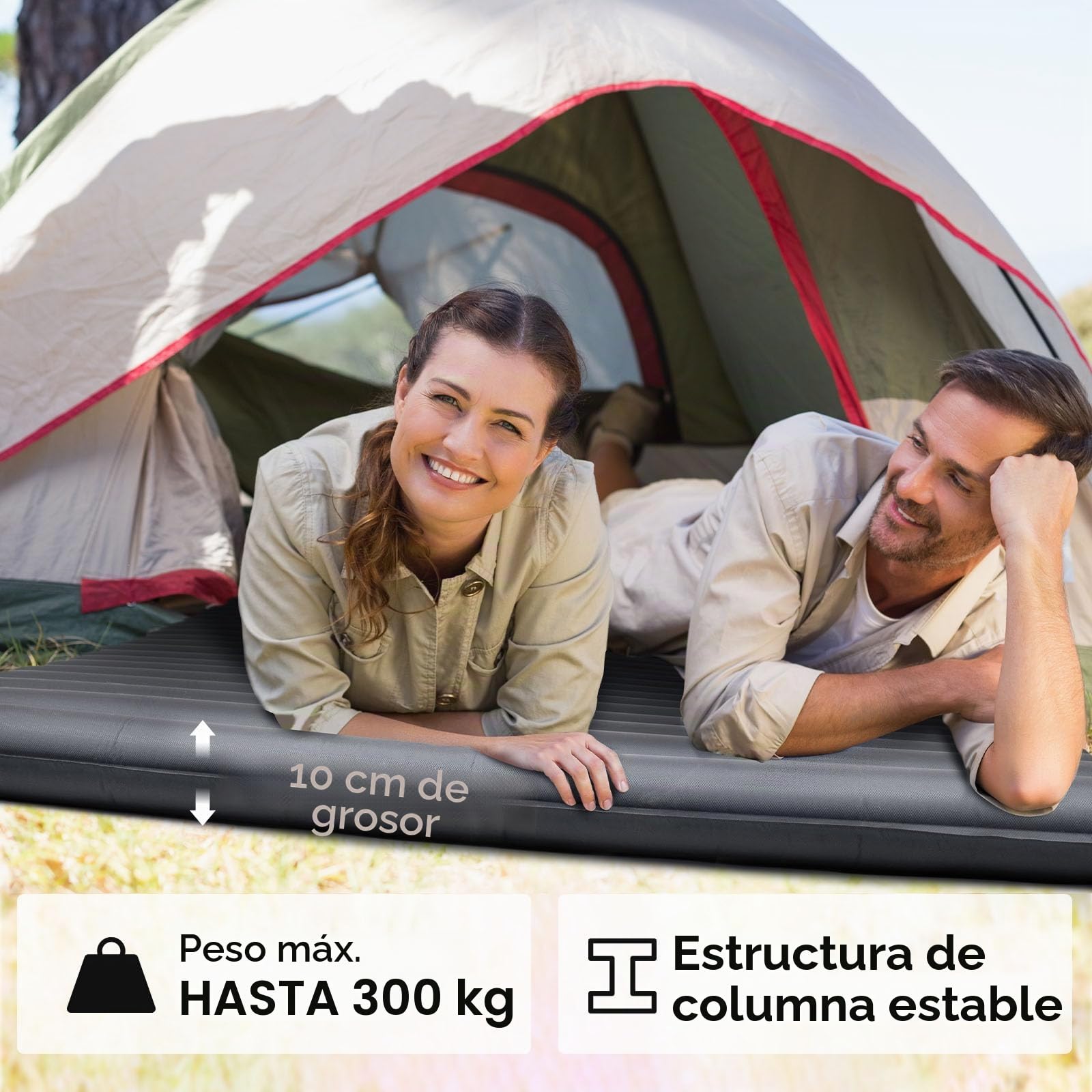 HIKENTURE Colchoneta hinchable autoinflable para 2 personas, ultraligera, 120 cm, con bolsa de bombeo, para camping, senderismo y playa, gris