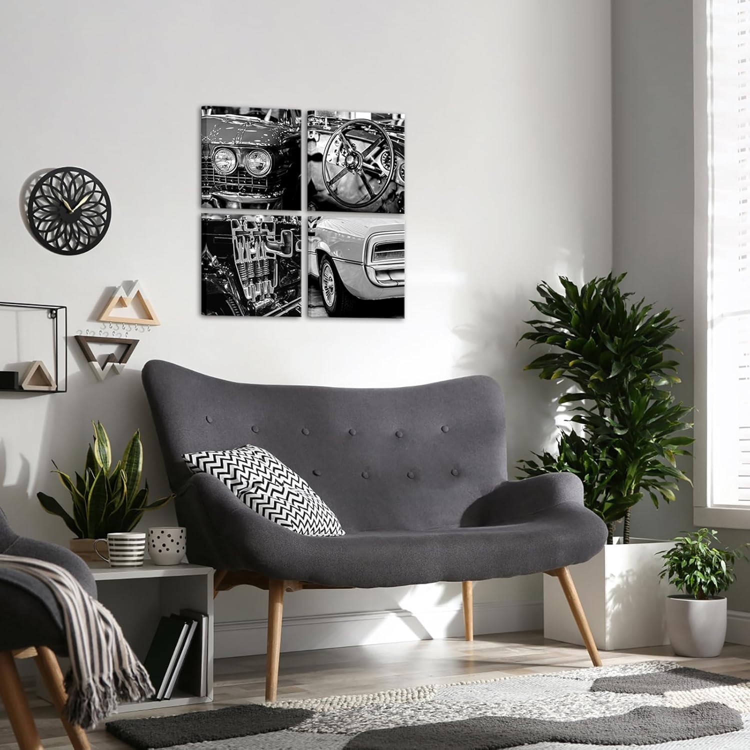 VANSEEING Black and White Vintage Car Canvas Wall Art American Retro Vehicle Engines Steering Wheel Cool Classic Pictures Posters Wall Decor for Men's Boys Room Bedroom 12''x12''x 4 Panels