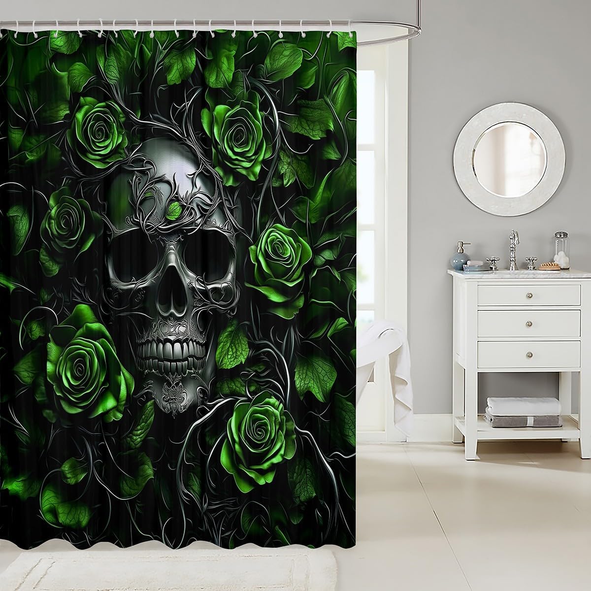 Erosebridal Sugar Skull Shower Curtain,Green Rose Floral Bathroom Shower Curtain Sets for Kids Boys,Gothic Skeleton Fabric Shower Curtain,Exothic Hippie Horror Waterproof Bathroom Curtains,72" Wx78 L