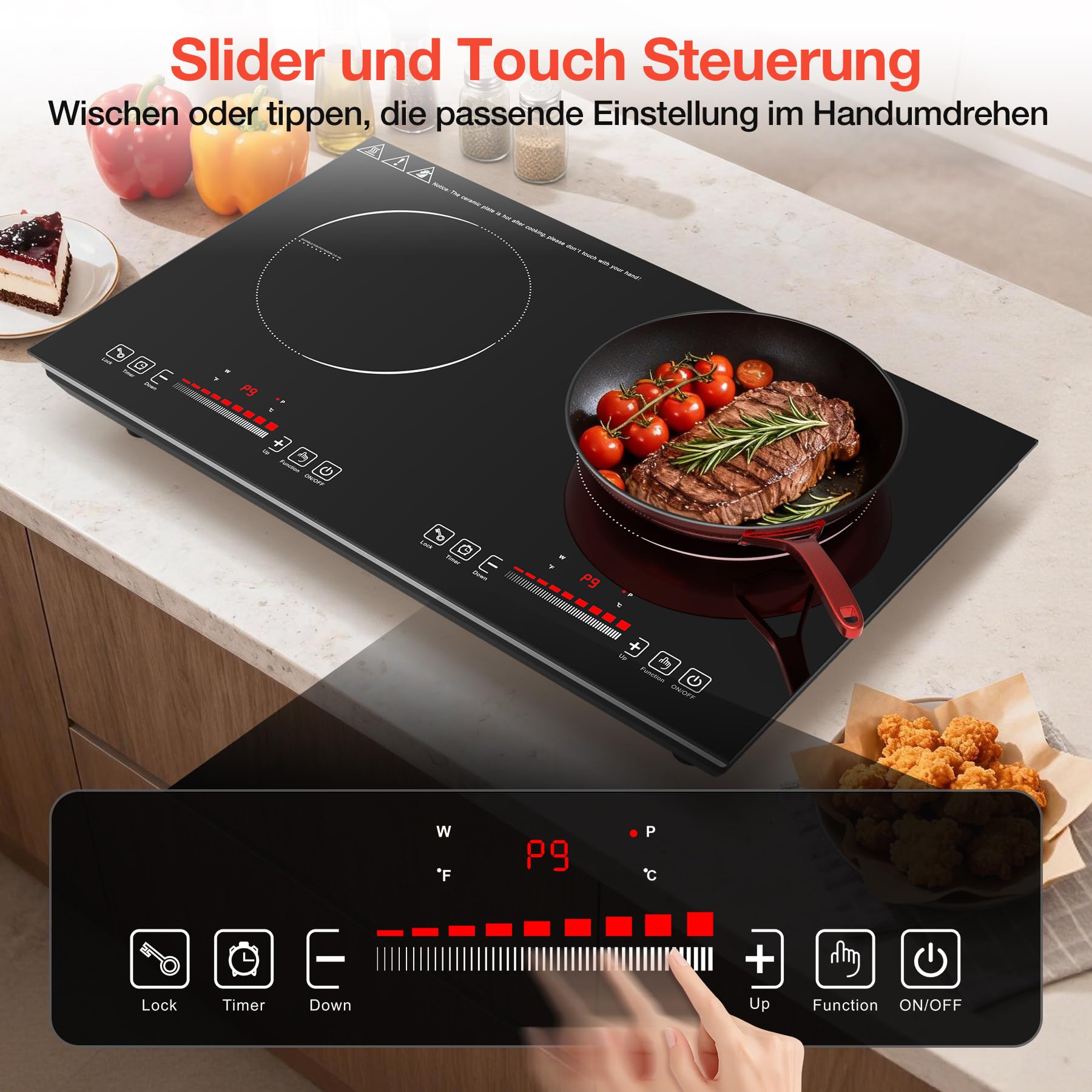 Induktionskochfeld 2 Platten 3600W, Freistehende Kochplatte Elektrisch 60cm mit 9 Leistungsstufen, Timer und Kindersicherung, Doppelkochplatte für Küche und Wohnung