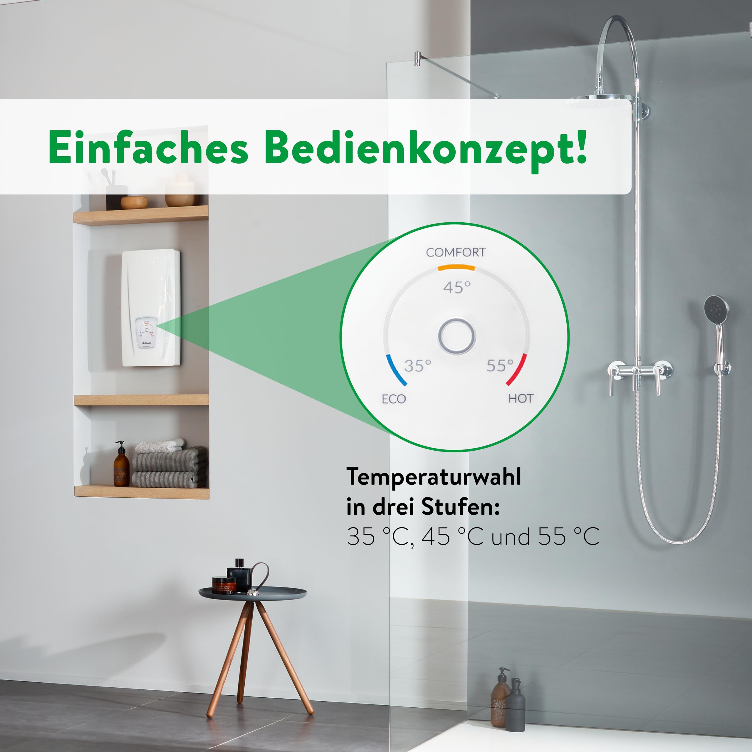 CLAGE DLX24 Next elektronisch geregelter Durchlauferhitzer, Bad/Gruppenversorgung, 24 kW 400V, Temperaturwahl 35, 45 oder 55°C, energiesparend, VDE-GS geprüft, 3200-36224 [Energieklasse A]