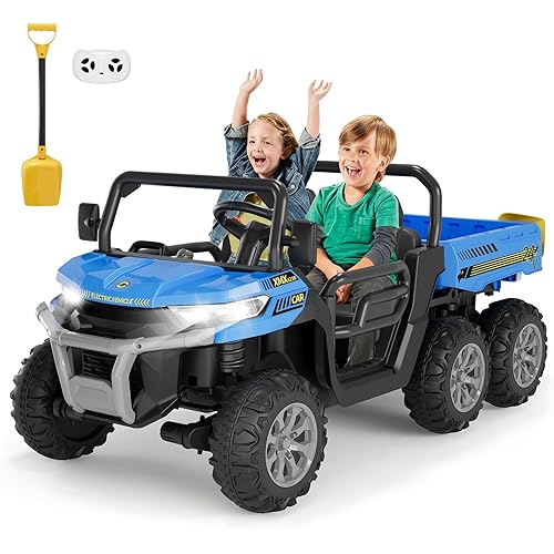 24V 2 Seater Ride On Dump Truck for Big Kids - Electric Ride On Car with Auto-Lifting Bed, 4x75W Motors, Parent Remote Control & 6 Wheels - 110 LBS Capacity, 5 MPH Kids Truck Toy (Blue)