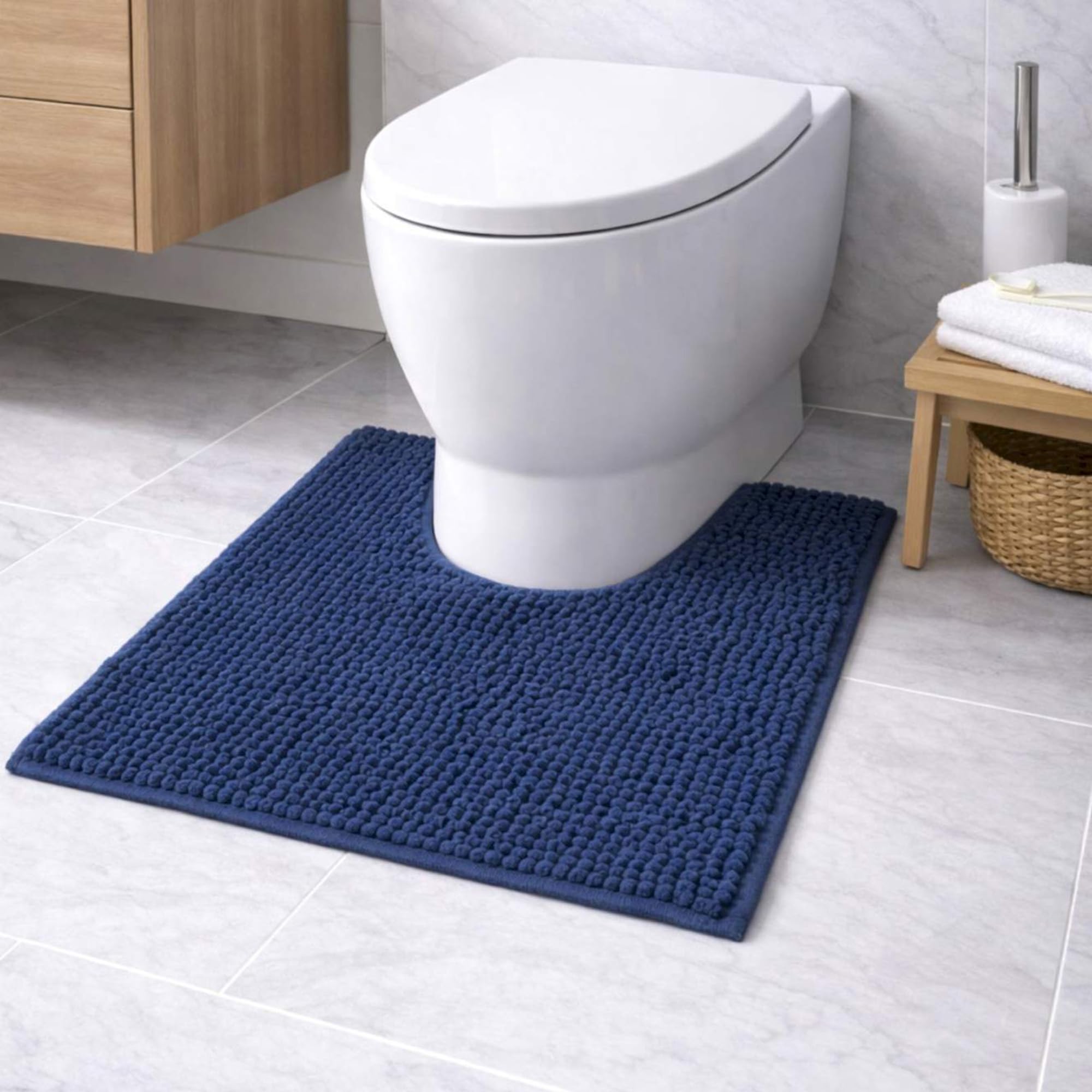 WohnDirect Tapis de Bain Bleu foncé 45x45 cm découpe – Antidérapant, Absorbant, Chenille Microfibre Ultra Douce – Confort Salle de Bain, Lavable Machine, Séchage Rapide