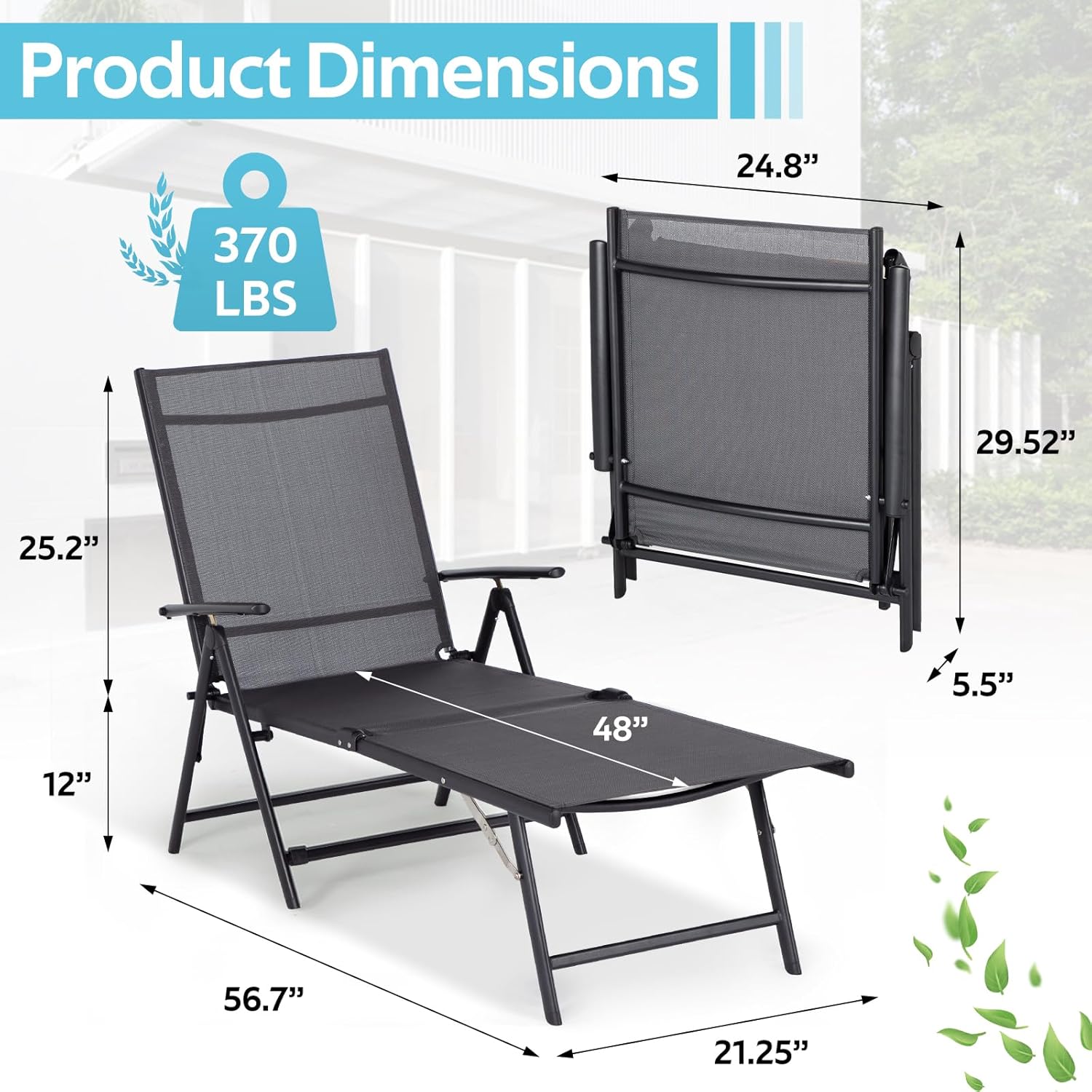 Esright Outdoor Chaise Lounge Set of 2, Adjustable Reclining Folding Pool Lounger for Poolside, Outside/370lb Weight Capacity, Grey