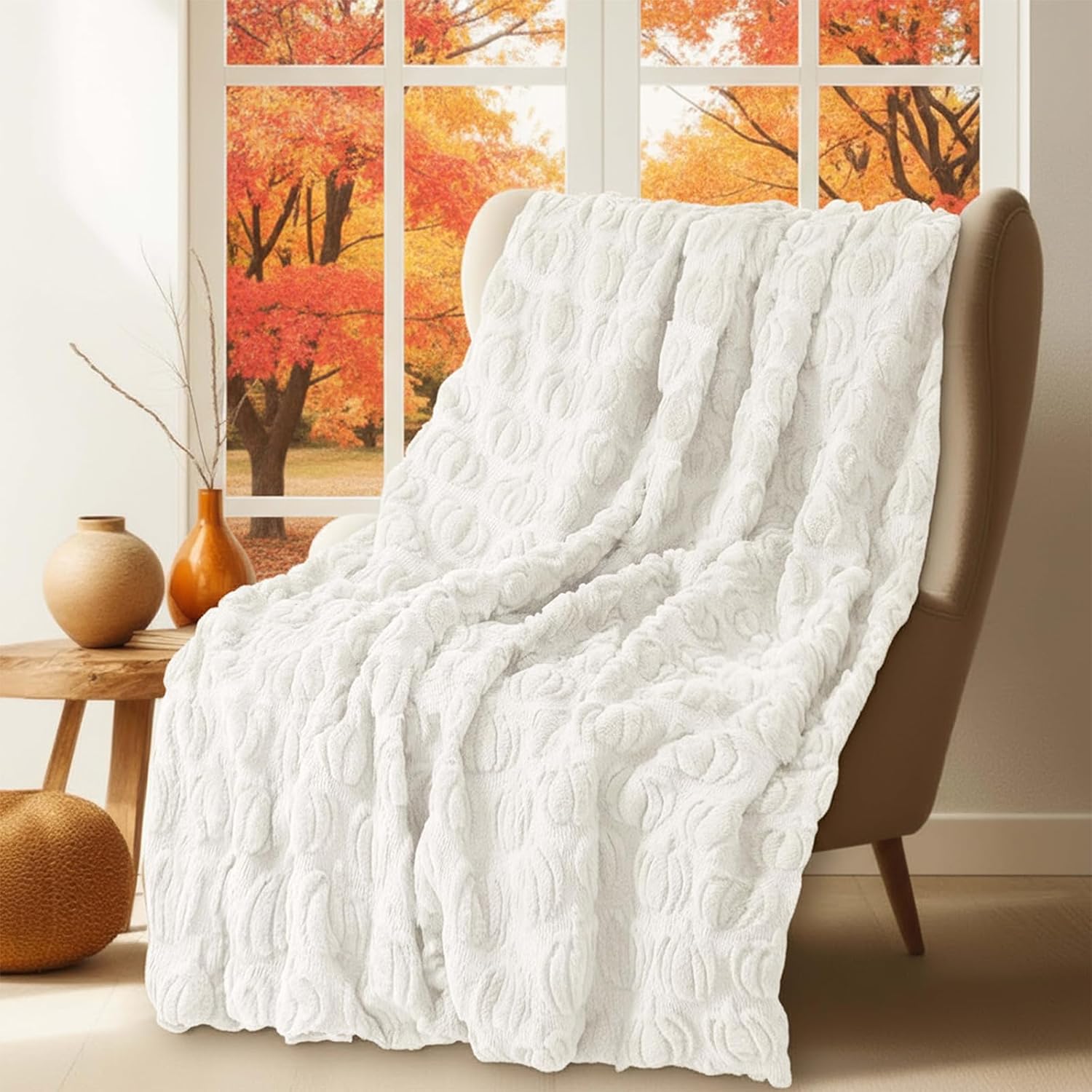 Tegeme Throw Blanket Throw Blanket 50" x 60" Dutch Velvet Faux Rabbit Fur Decorations Cozy Soft Lightweight Gift for Home Living Room Couch Sofa Bed (Beige)