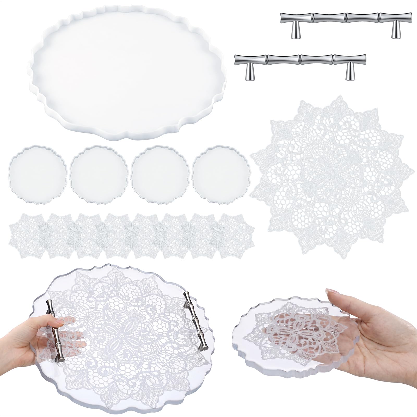16 Pcs Lace Resin Tray Molds DIY Making Kit Silicone Coaster Mold Handles