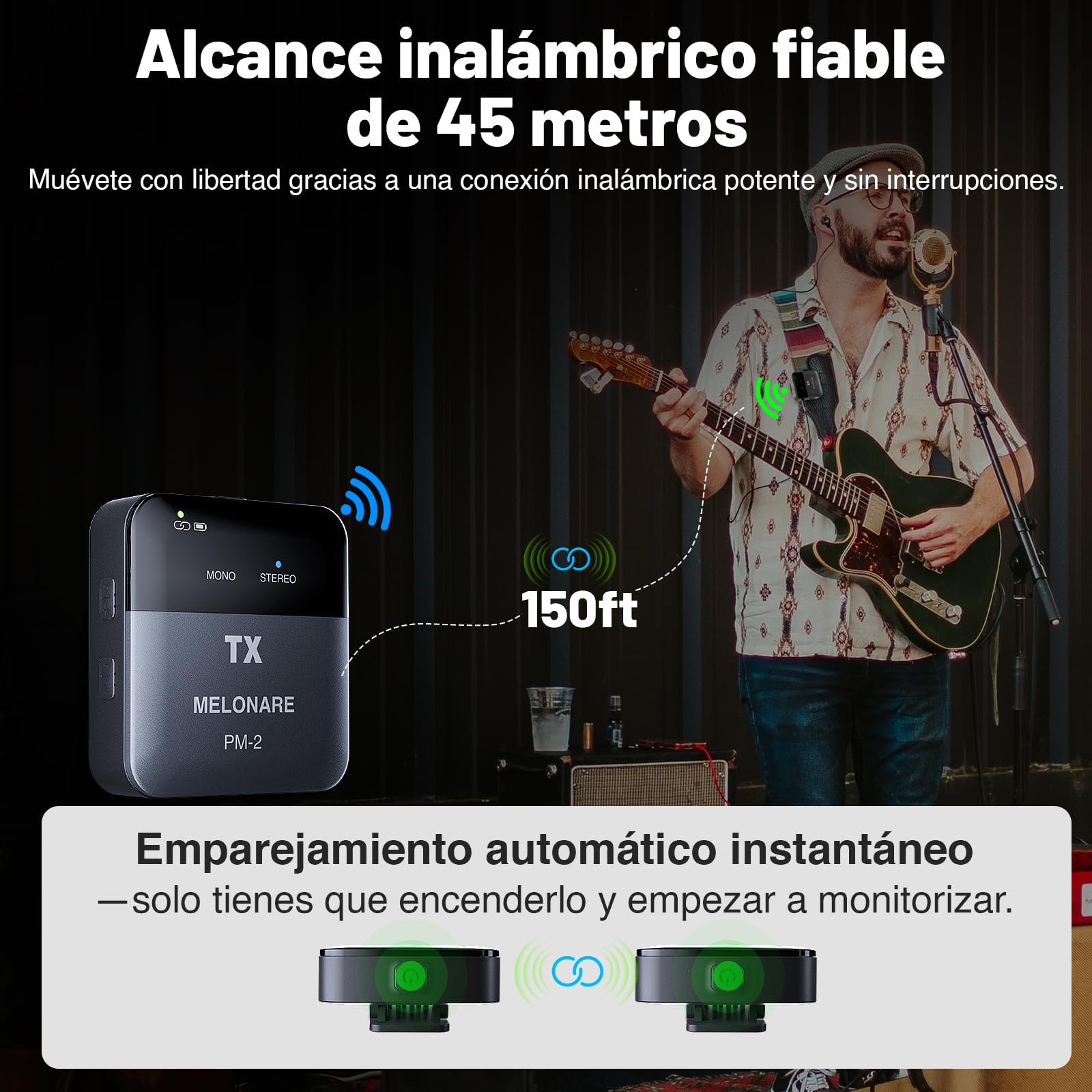 MELONARE PM-2 - Sistema de monitor inalámbrico portátil con funda de carga, transmisor y receptor de audio inalámbrico, audio de 24 bits/48 kHz, entrada OTG, interruptor overol/estéreo, IEM para