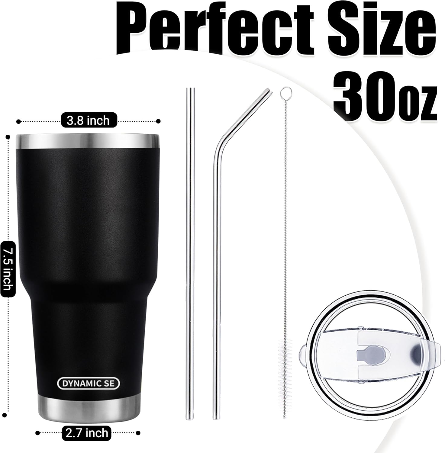 D·S 30 oz Black Tumbler Stainless Steel Double Wall Vacuum Insulated Mug with Straw and Lid, Cleaning Brush for Cold and Hot Beverages - Image 2