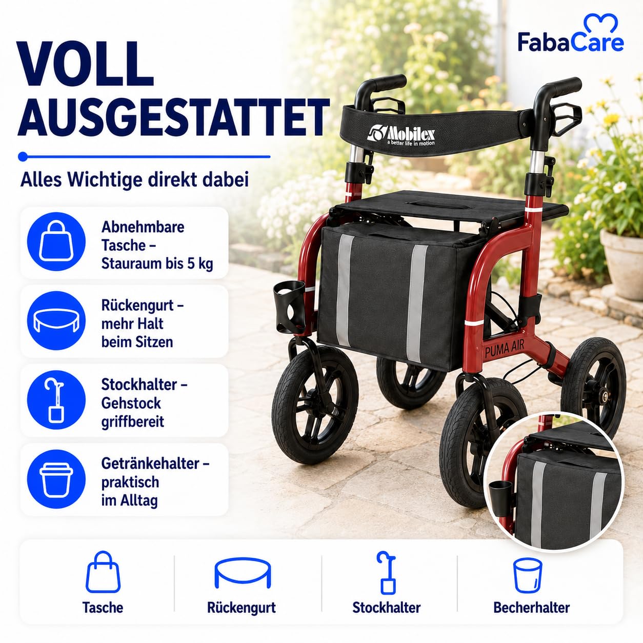 FabaCare Outdoor-Rollator Puma Air rot mit Luftbereifung | Leichtgewichtrollator faltbar bis 150 kg mit Tasche, Rückengurt, Stockhalter, Getränkehalter & Feststellbremse