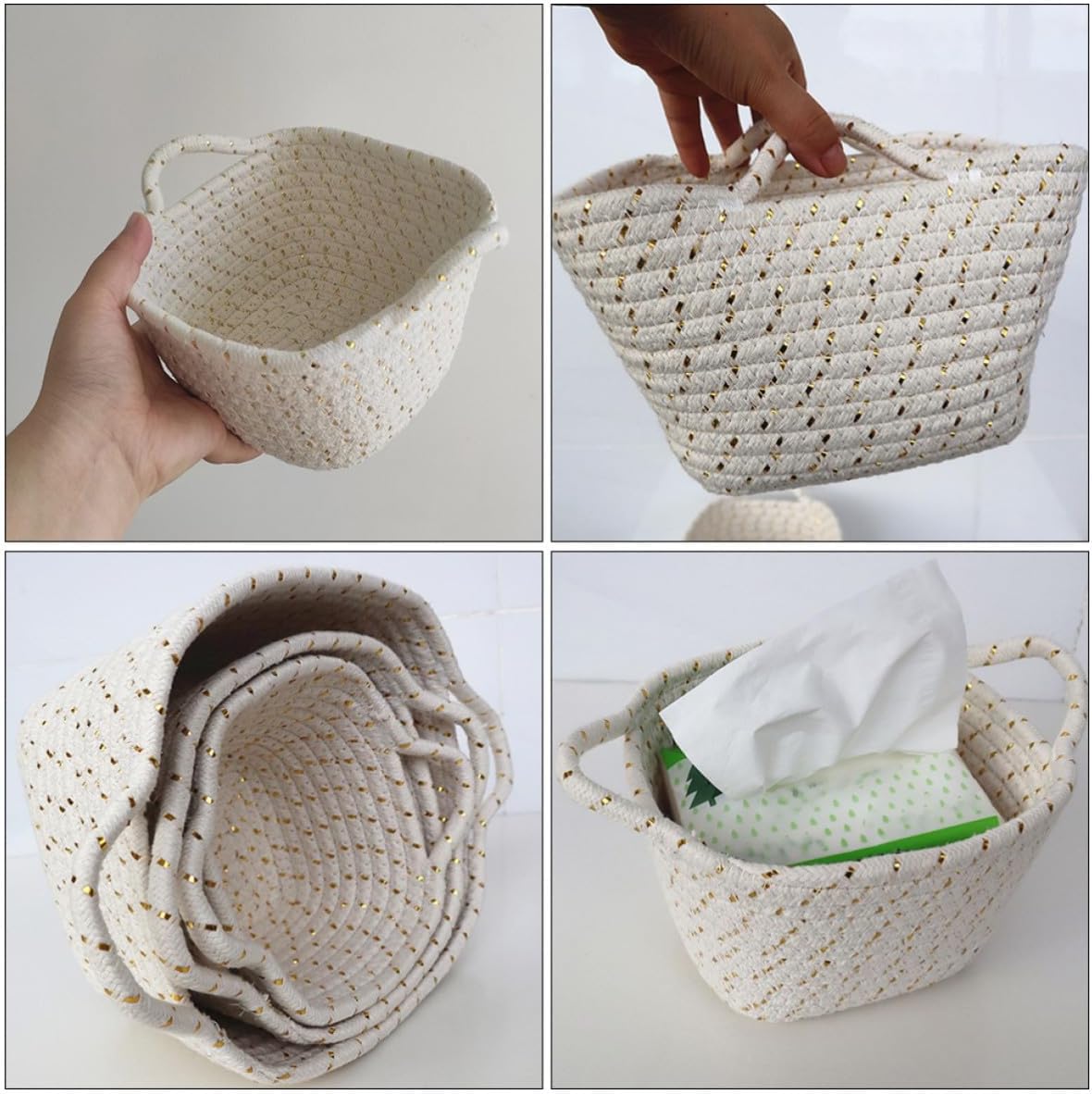 Woven Storage Basket, Hand Sewn Cotton Rope Organizer for Desktop Items