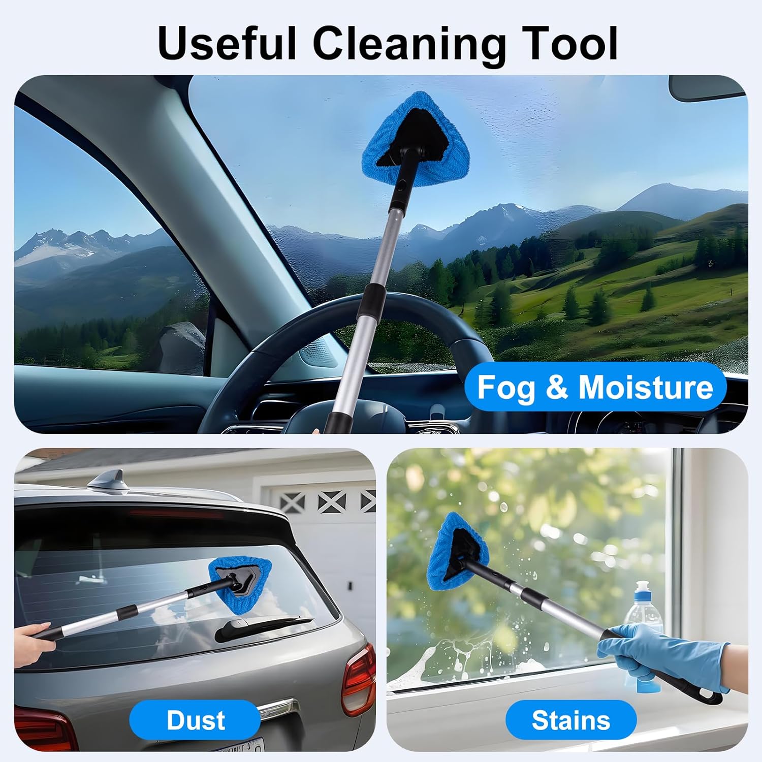 BITOPE All-in-One Car Windshield Cleaner Kit | Extendable Tool with 3 Reusable Microfiber Pads & Spray Bottle for Interior & Exterior Window Cleaning on Cars, SUVs, Trucks - Image 4