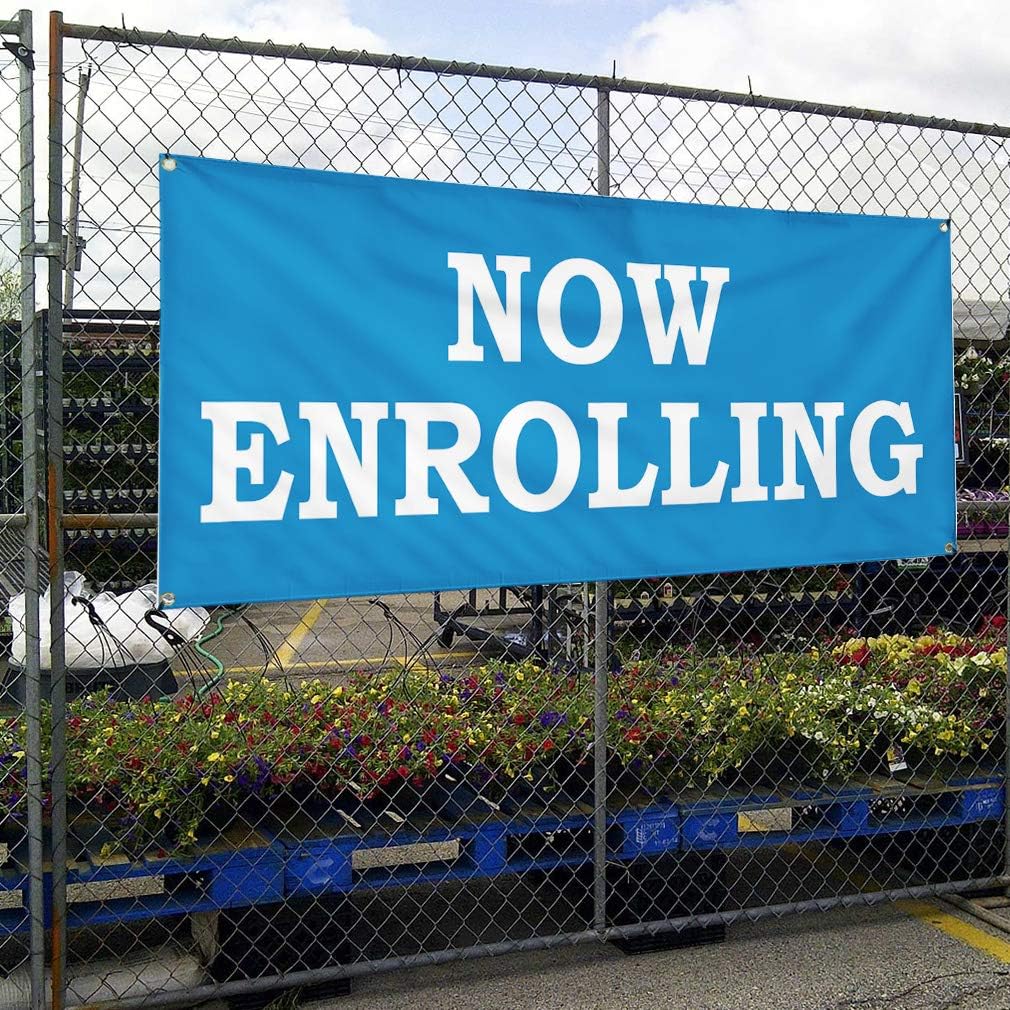 Vinyl Banner Multiple Sizes Now Enrolling Baby Day Care School Education Outdoor Weatherproof Industrial Yard Signs Royal-Blue 4 Grommets 24x36Inches