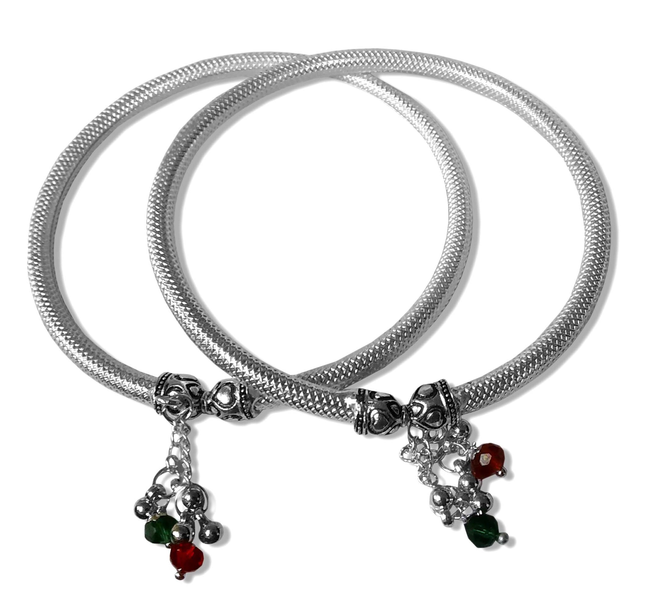 (1 Pair) Traditional Design Adjustable Metal Alloy Latkan Crystal Diamond Ghungroo Leg Painjan Payal Anklets Rajasthani Style Round Foot Bangle Kada Fashion Jewellery Set For Women's And Girl's-image-43