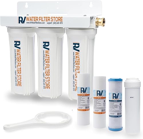 Sistema de filtro de agua mejorado para vehículos recreativos, filtración de triple recipiente para hierro, metales pesados y sedimentos, bloque de