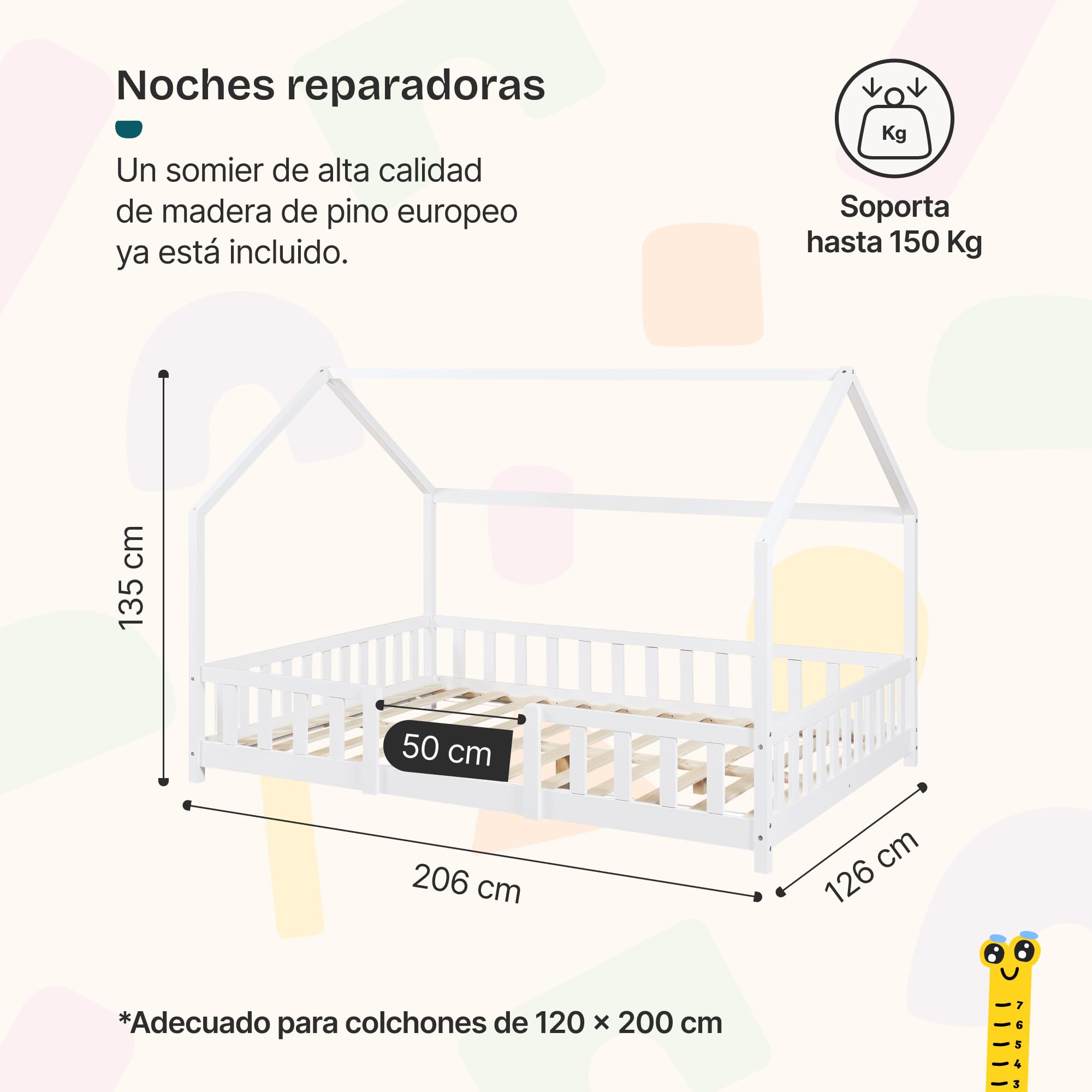 [en.casa] Cama para Niños Sisimiut de Madera Pino 120 x 200 cm Cama Infantil con Reja Protectora y Somier Forma de Casa Casita - Blanco