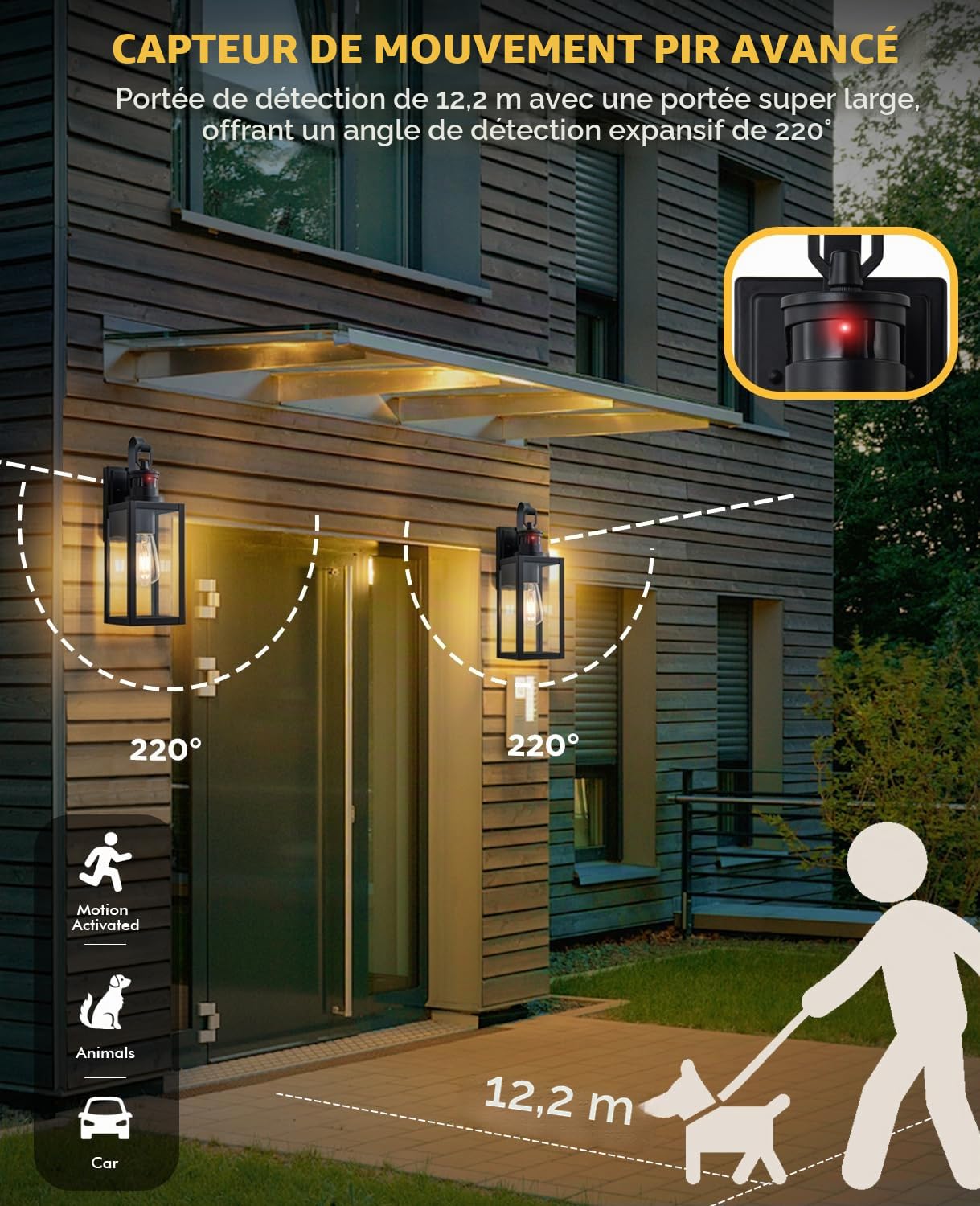 FTL 2 Piece Applique Murale Exterieur avec Détecteur de Mouvement, E27 Lampe Mural Exterieure, PIR Éclairage Lumière d'Extérieur, Porche Lampe Exterieur Murale, IP44 Imperméable
