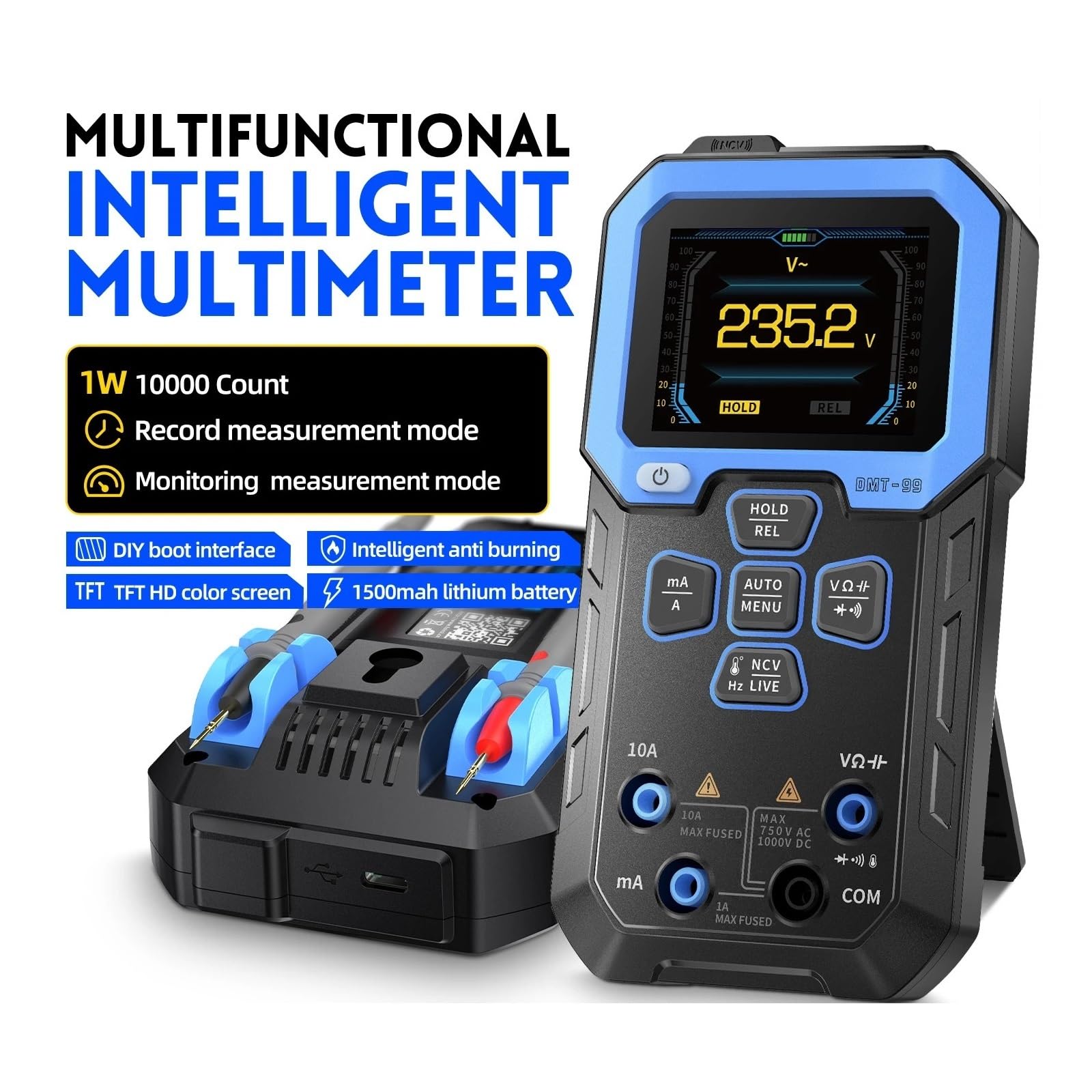 Multimetr Cyfrowy 9999 Zliczeń Inteligentny Profesjonalny Tester 1000V 10A True Auto Zakres AC DC Ohm Hz Pojemność Szybko Dokładnie Łatwy Odczyt