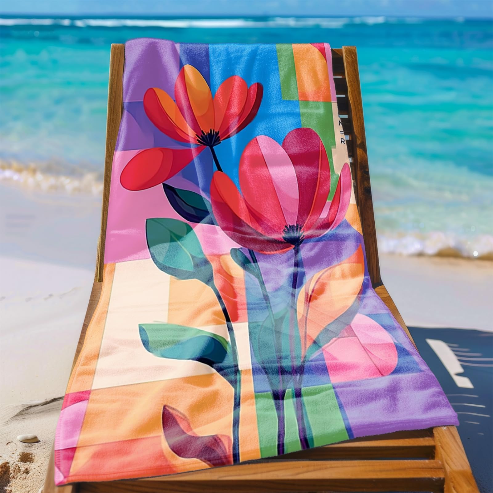 Microfibre Beach Towel 180x90cm Blue Flower Retro Extra Large Pool Towels Perfect for Beach, Travel, All Ages,Quick-Dry, Sand-Free, Absorbent