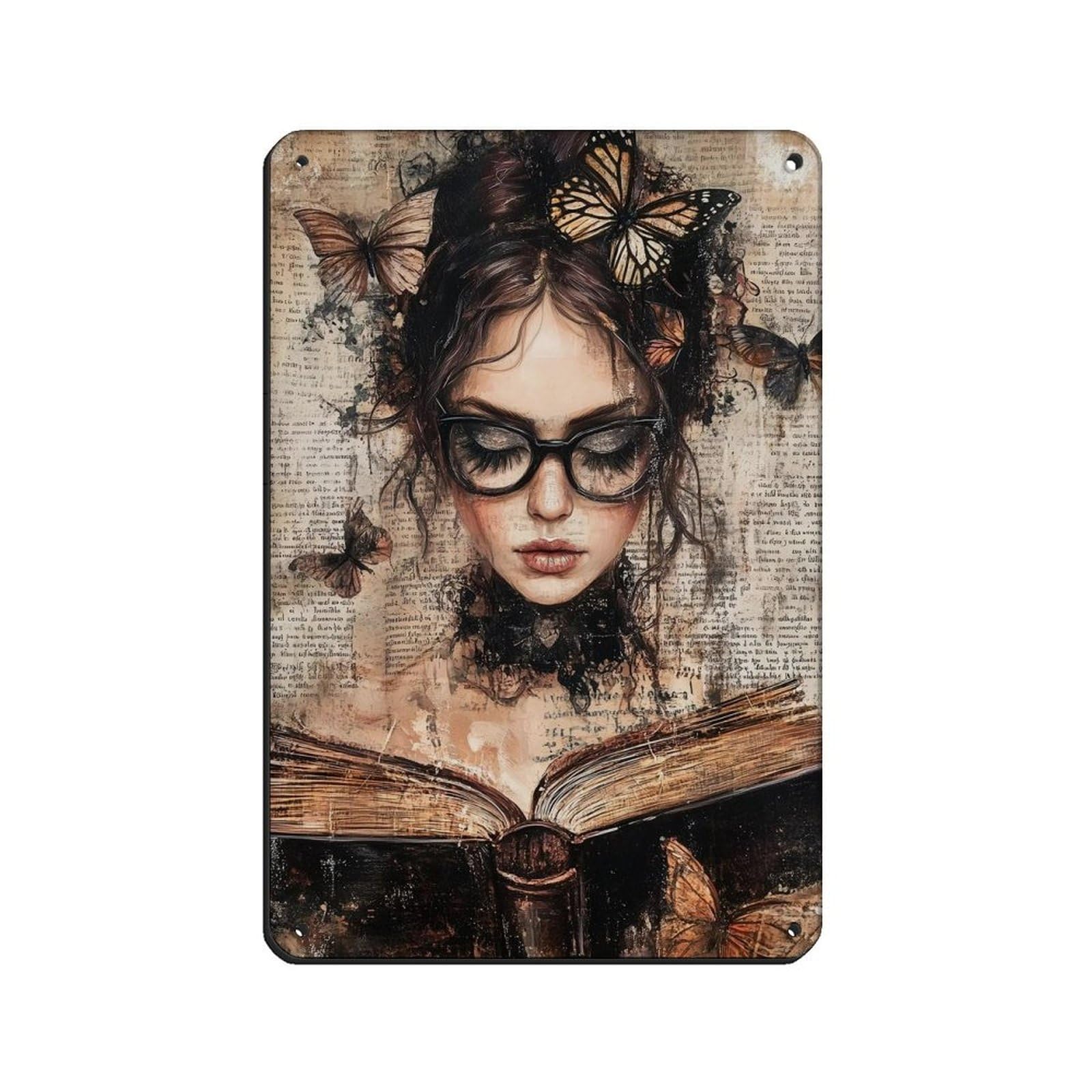 Reading Woman Poster, Feminine Scholar Tin Sign Vintage Metal Pub Club Cafe Bar Home Wall Art Decoration Poster Retro 8x12inch(20x30cm)
