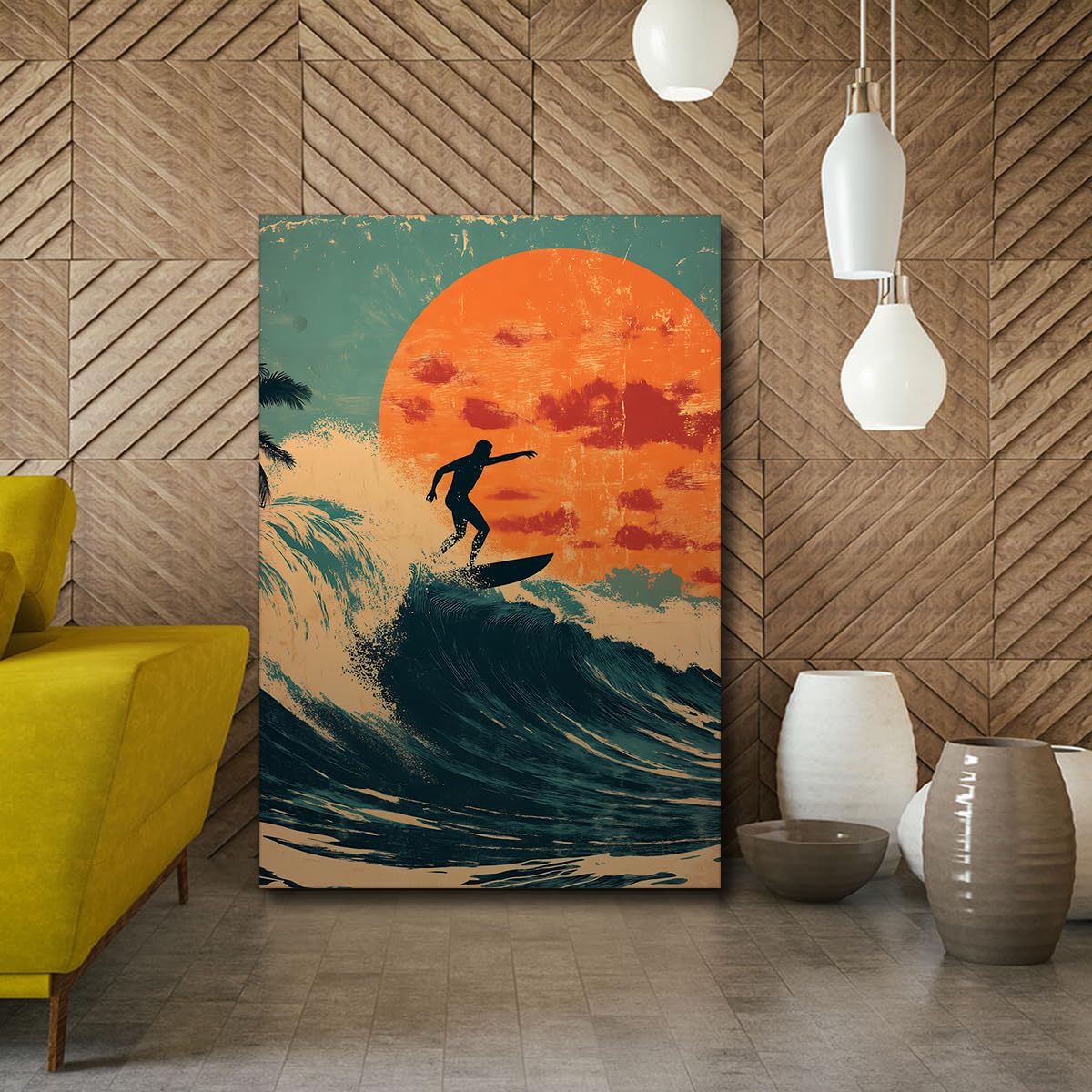 UIRINGART Surfing Sunset Canvas Wall Art Ocean Waves Prints Pictures Beach Coast Pictures Sea Krajobrazy Nostalgiczny Vintage Wystrój biurowy Sztuka 40 x 60 cm