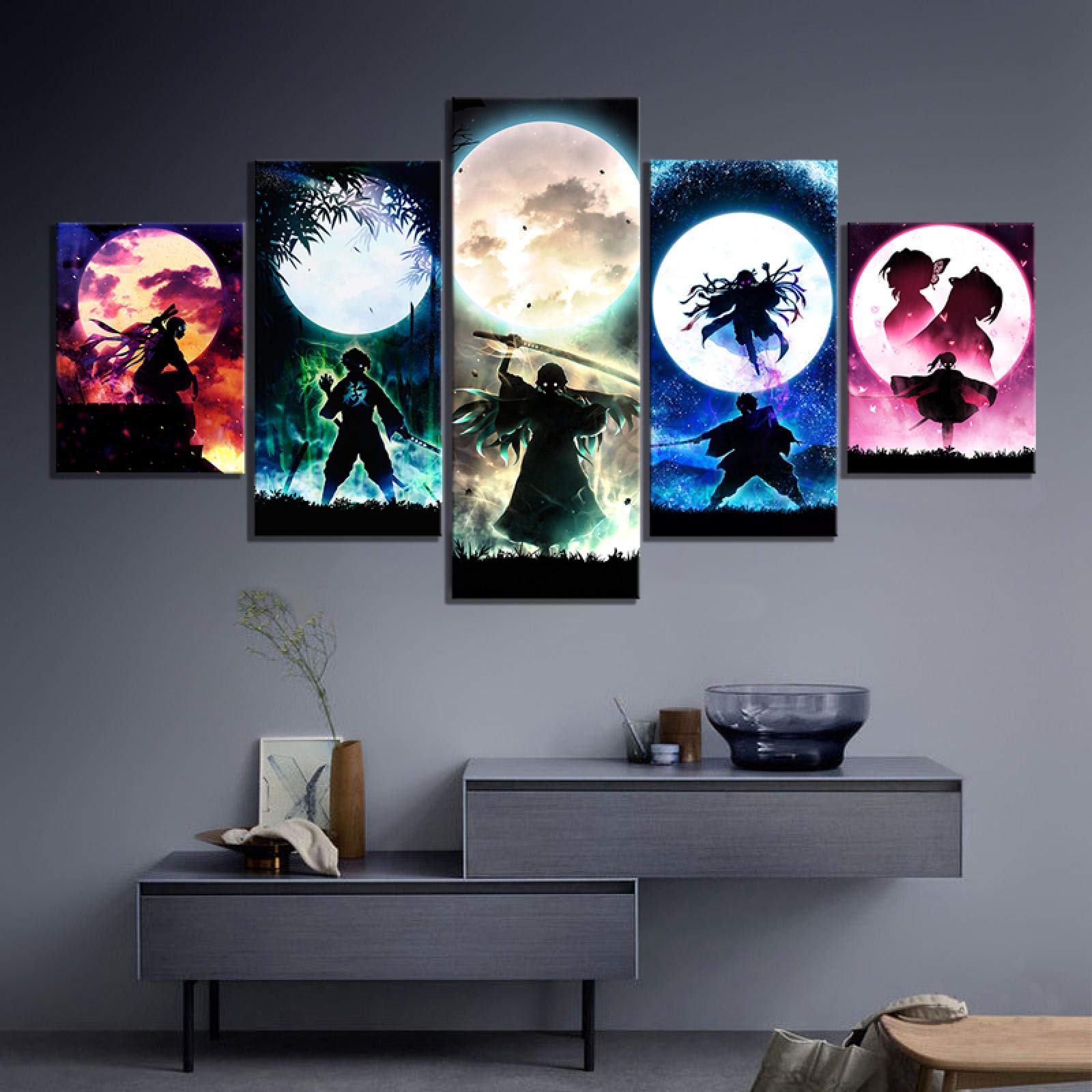 Tableau Naruto Toile 5 Pièces Avec Cadre Sasuke Anime Impression sur Toile Photos pour Salon Chambre décorations pour la Maison(Avec Cadre 50x100cm)