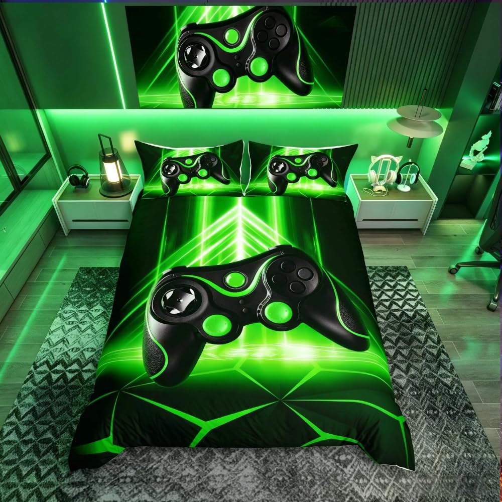 Homemissing Gamer Bedding Set Boys Teens Gaming Anime Video Game Gamepad Duvet Cover Set Geometric Triangle Comforter Cover Game Controller Quilt Cover Bedroom Collection 3Pcs King Size,Green — image 1