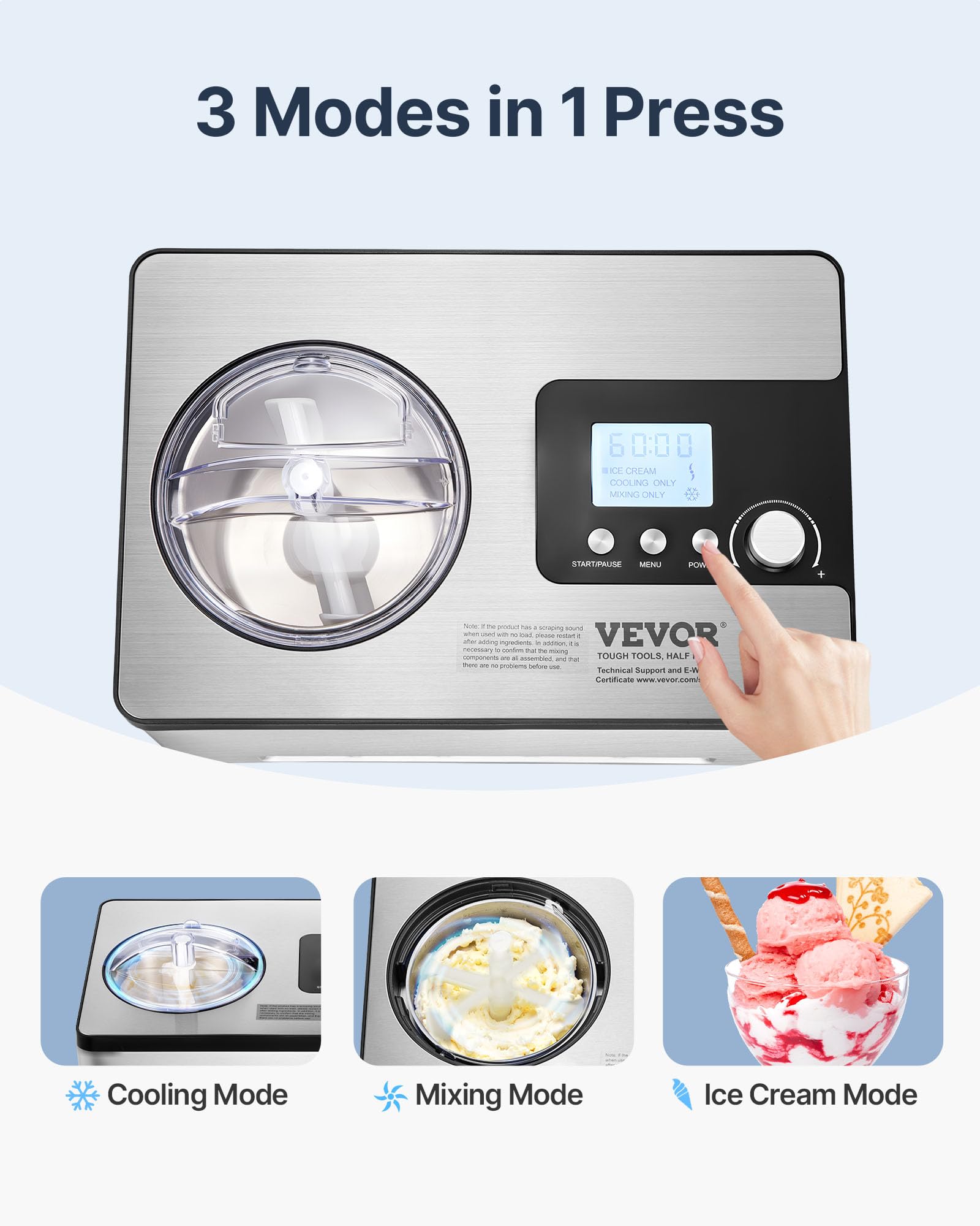 VEVOR Gelatiera Elettrica Casalinga per Gelato Capienza 2L circa Potenza 180W, Macchina per Gelato Elettrica con Schermo LCD Preparazione Rapida Senza Precongelamento per Gelato Sorbetti Frozen Yogurt