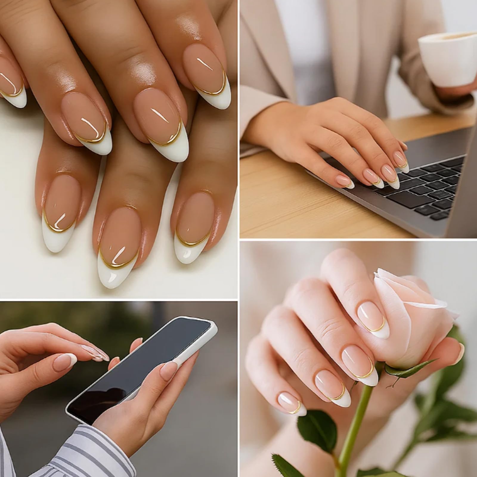 Almond French Tip Press On Nails With Gold Stripe - Image 4