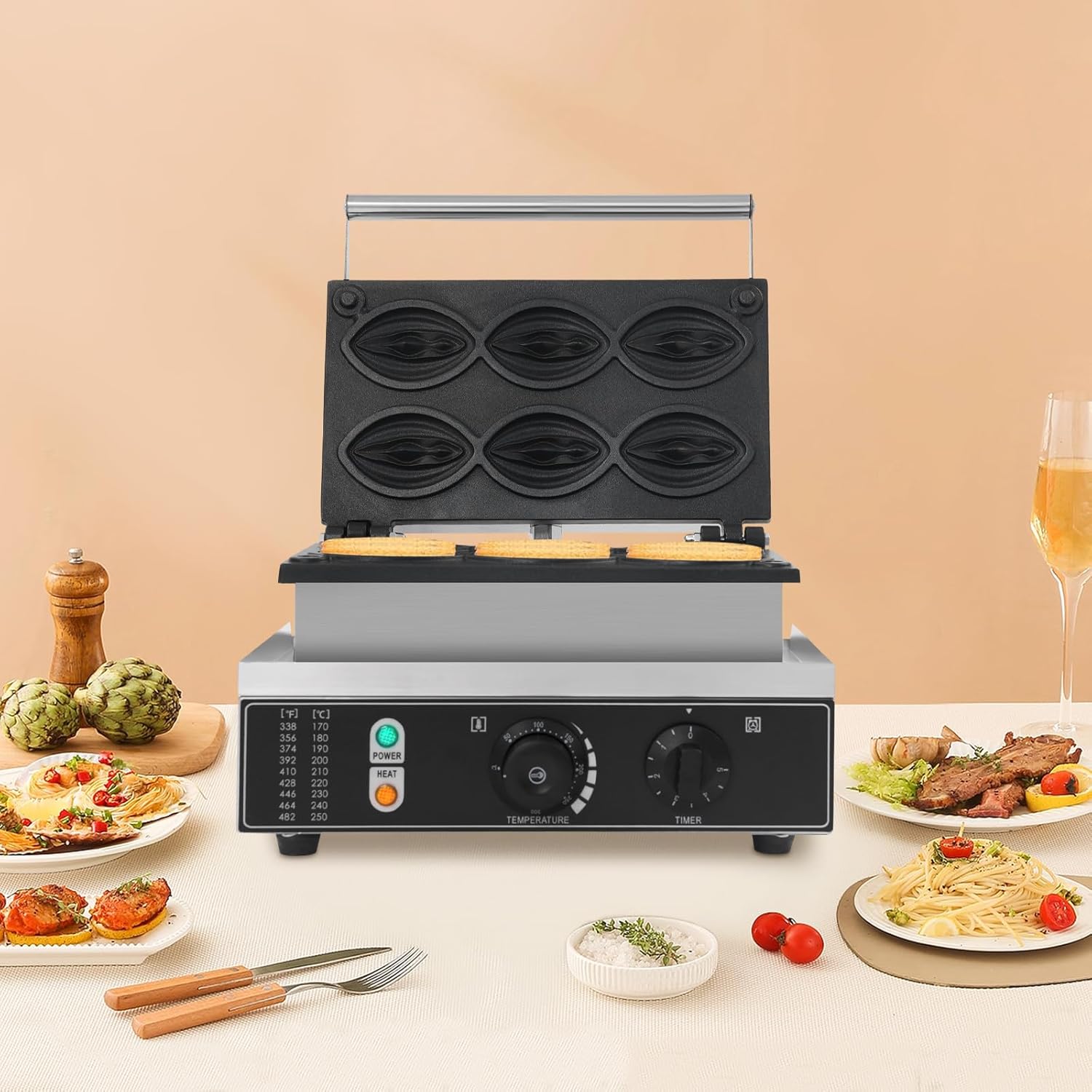 Commercial Waffle Maker, 110V 1550W 6Pcs Strange Shape Waffle Maker, Stainless Steel Abalone Waffle Iron Machine for Restaurants, Cafes Shops, Double Sided Removable