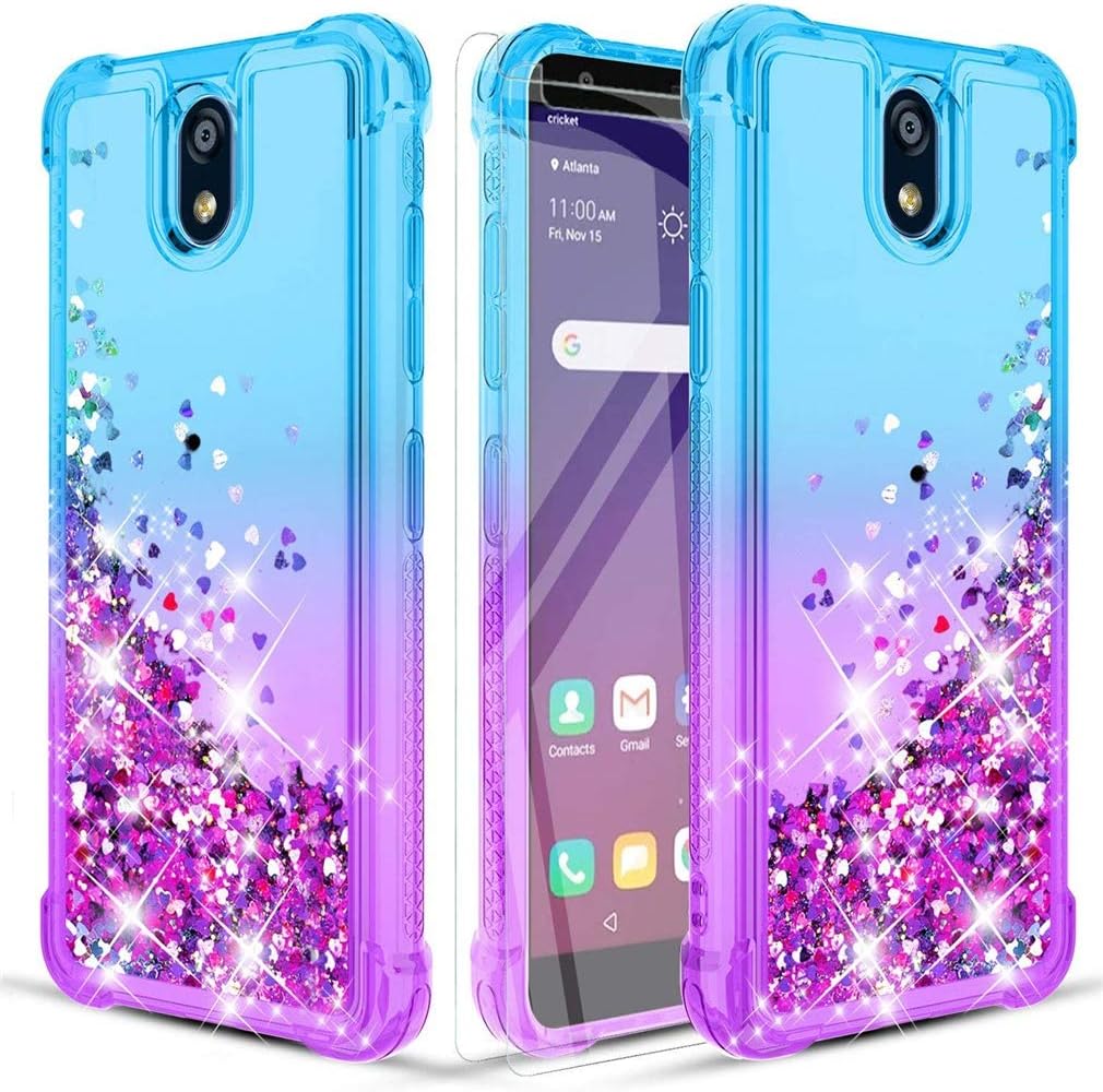 Donse LG K30 2019 Case/LG Escape Plus case/LG Arena 2/LG Journey LTE/LG Tribute Royal Phone Case W/HD Screen Protector[2 Pack] Four-Corner Quicksand Slim Shockproof Protective Clear Teal/Purple