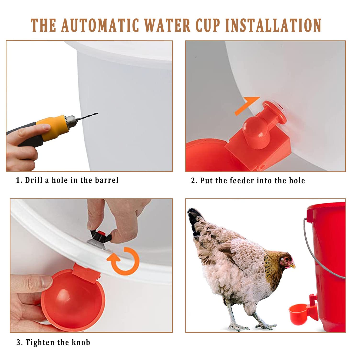 Chicken Feeder Waterproof and Chicken Waterer Cup, 6pcs No Waste Chicken Feeder for Buckets,Barrels,Bins, and 6pcs Chicken Water Cups for Chickens, Birds, Turkeys etc - image 7