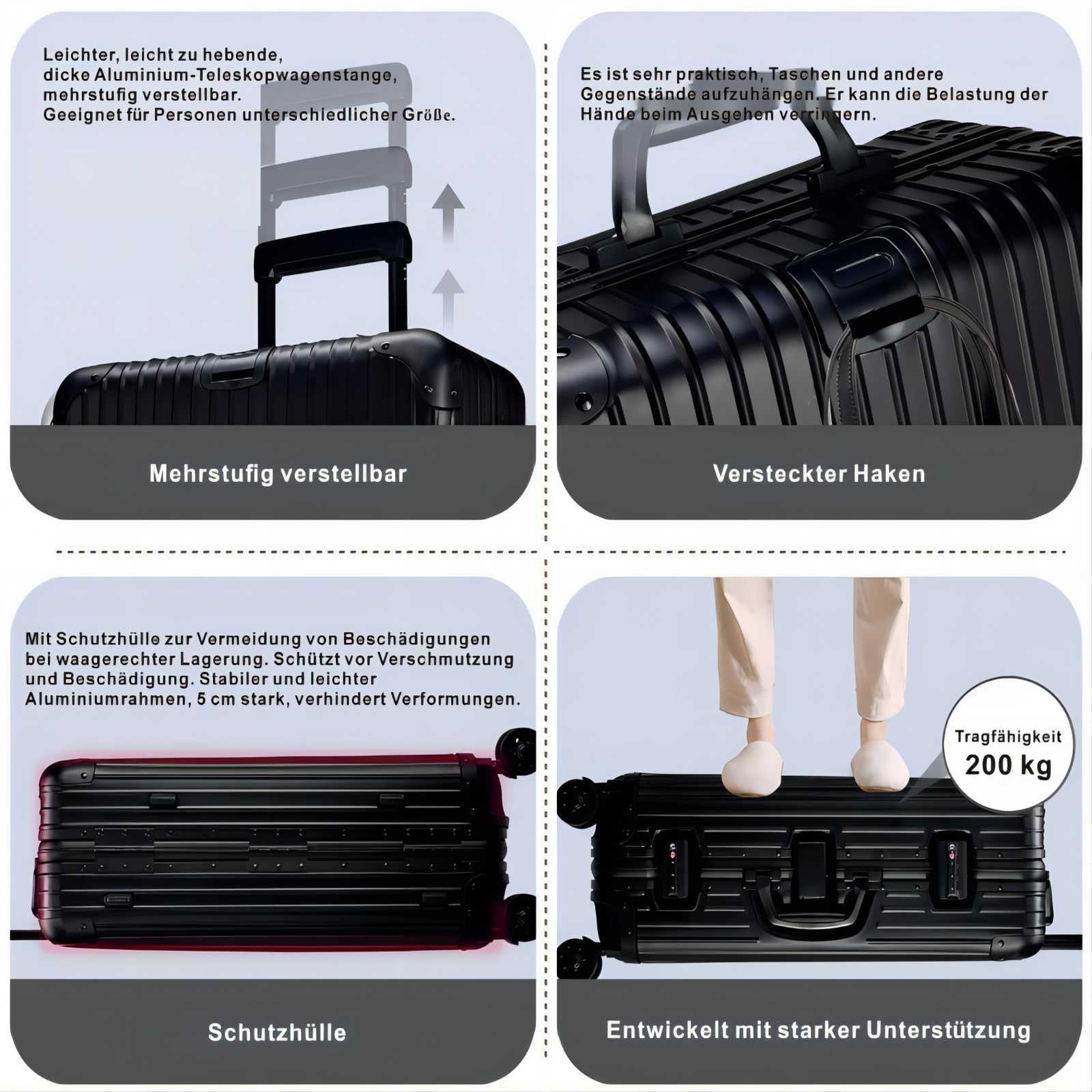 Aoliwei Valigia da viaggio in alluminio, con manico telescopico, TSA, 4 ruote, Nero , s, Trolley rigido in alluminio con ruote orientabili