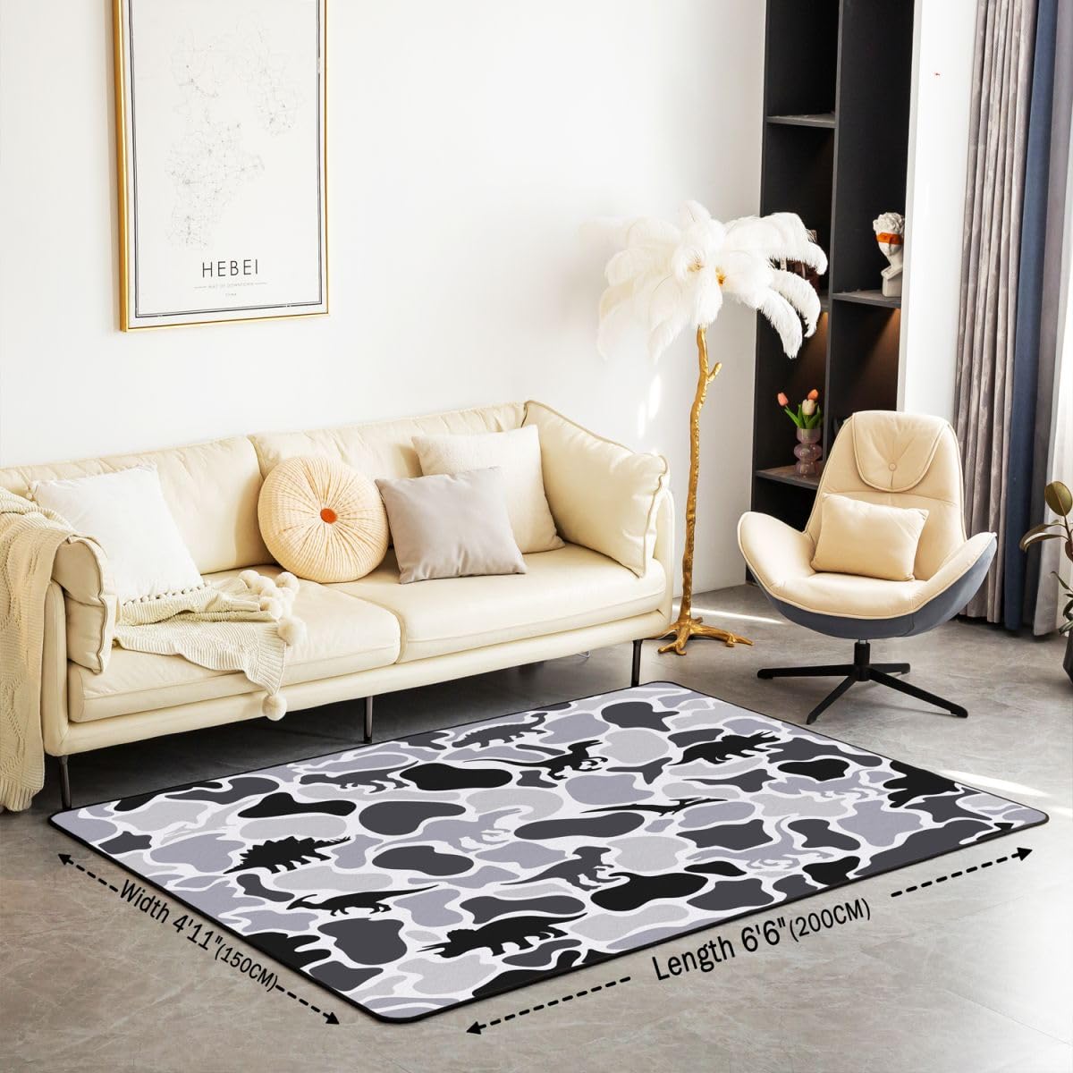 Camo Dinosaurier Teppich 100x150cm Schwarz Grau Camouflage Modern Teppich Dschungel Dino Wohnzimmerteppich Dinosaurier Tier Küchenteppich Wildes Tier Weich Waschbar