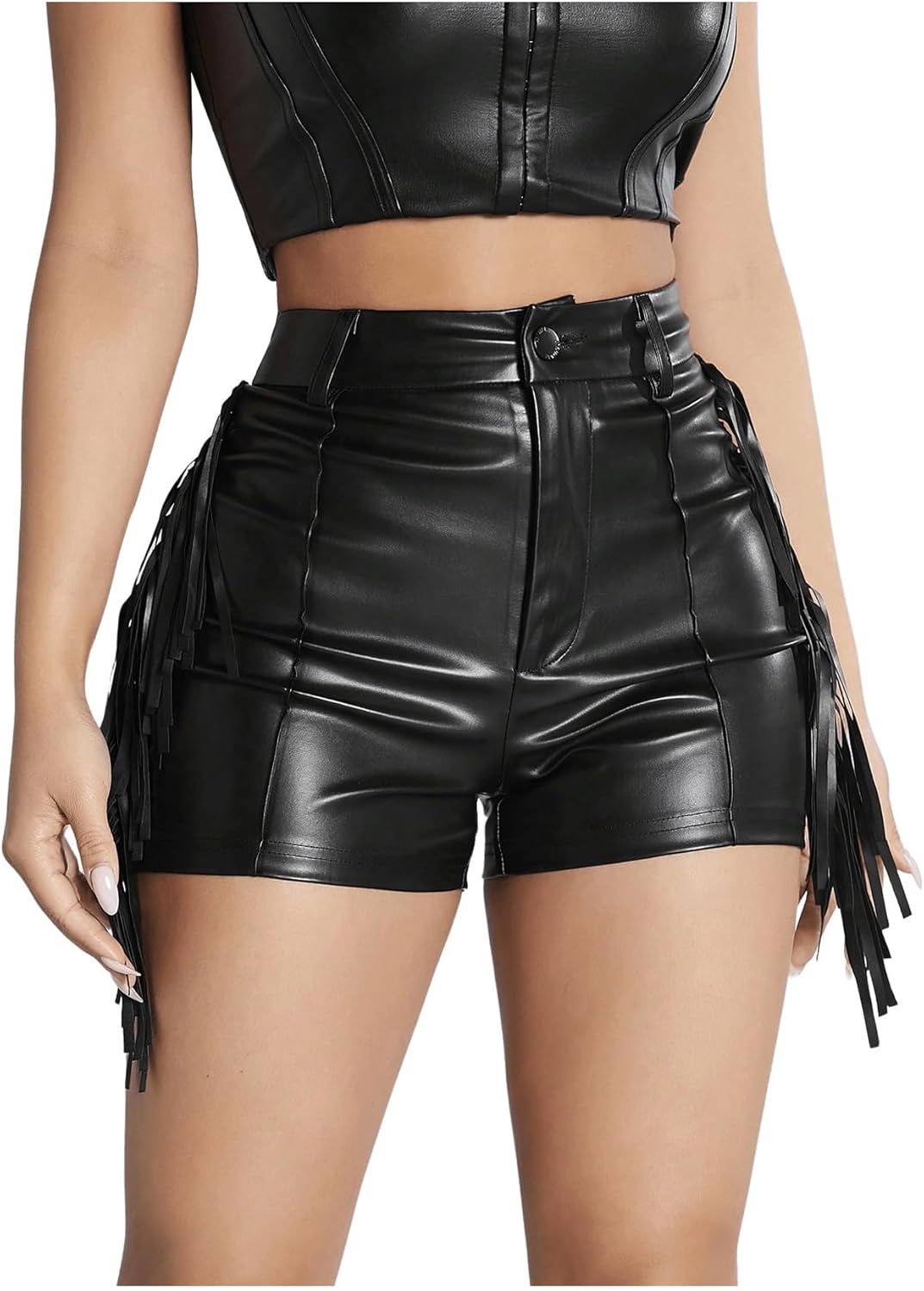 Women's Y2K Sexy Faux Leather Shorts Fringe Tassel Festival Rave Micro Shorts Western Cowgirl Outfits